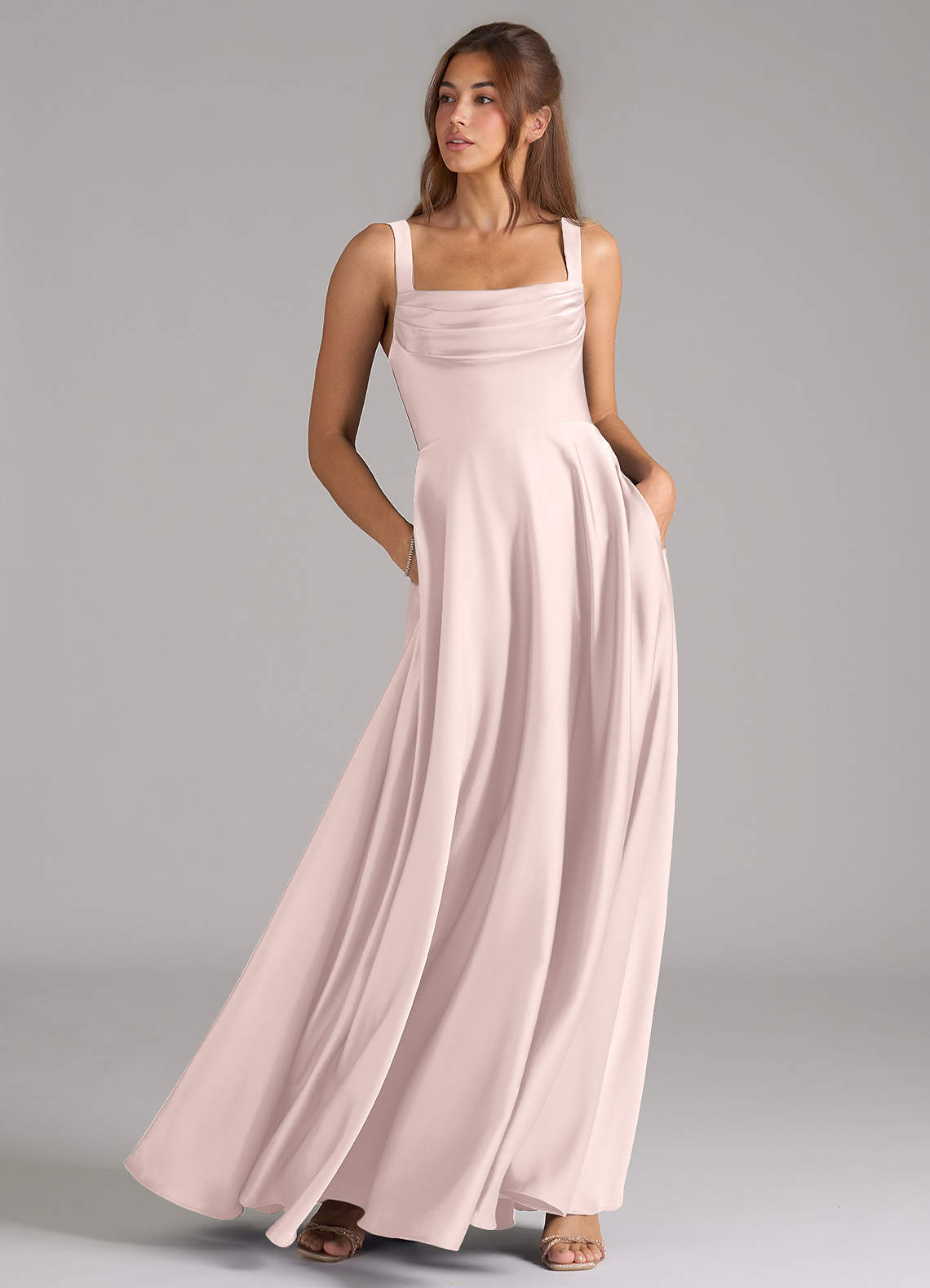 Azazie Shaude Bridesmaid Dresses Blushing Pink A-Line Pleated Stretch Satin Dress image2