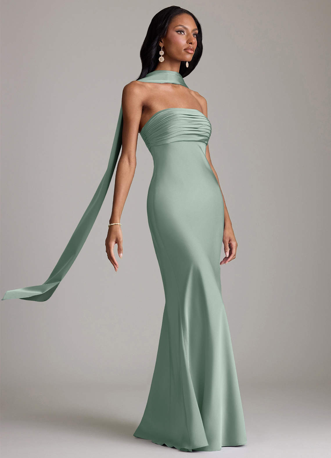 Azazie Saylor At-home Try On Dresses Agave Mermaid Strapless Stretch Satin Dress image9