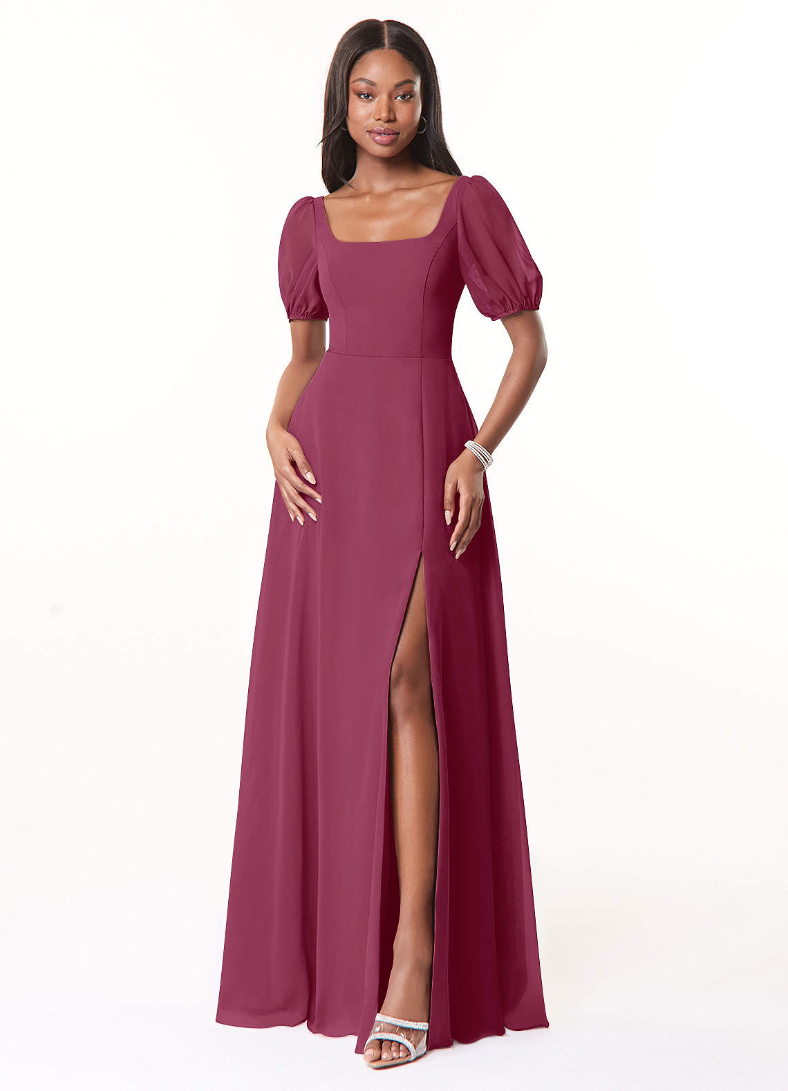 Azazie Alani Brautjungfernkleider A-Linie Quadratischer Ausschnitt Chiffon Kleid Maulbeerrot image1