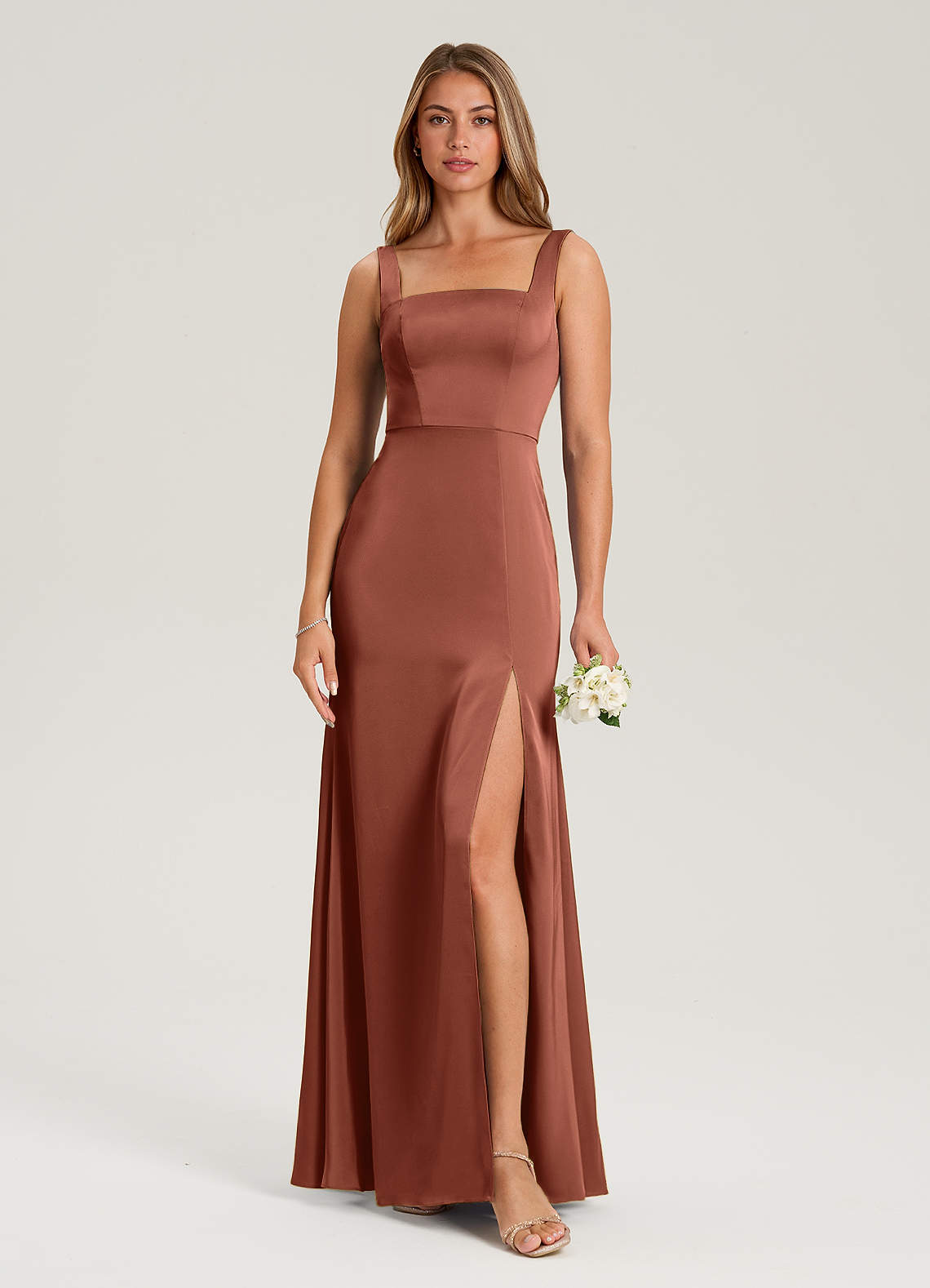 Azazie Frostine Bridesmaid Dresses Clay A-Line Bow Stretch Satin Dress image1