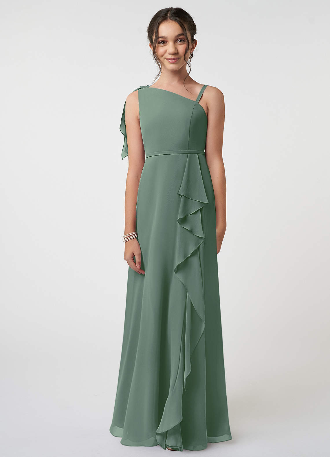 Azazie Aidy Junior Eucalyptus A-Line Bow Chiffon Dress image1