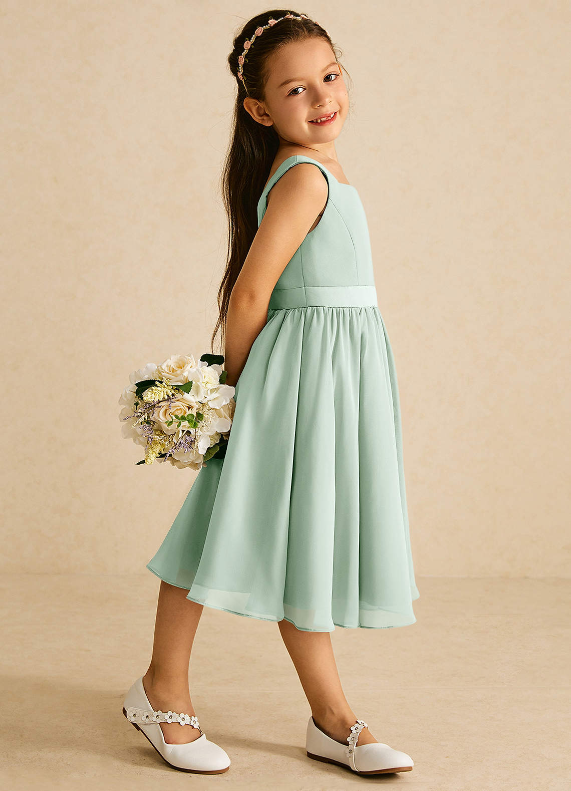 Azazie Ari Flower Girl Dresses Agave A-Line Sleeveless Chiffon Dress image2