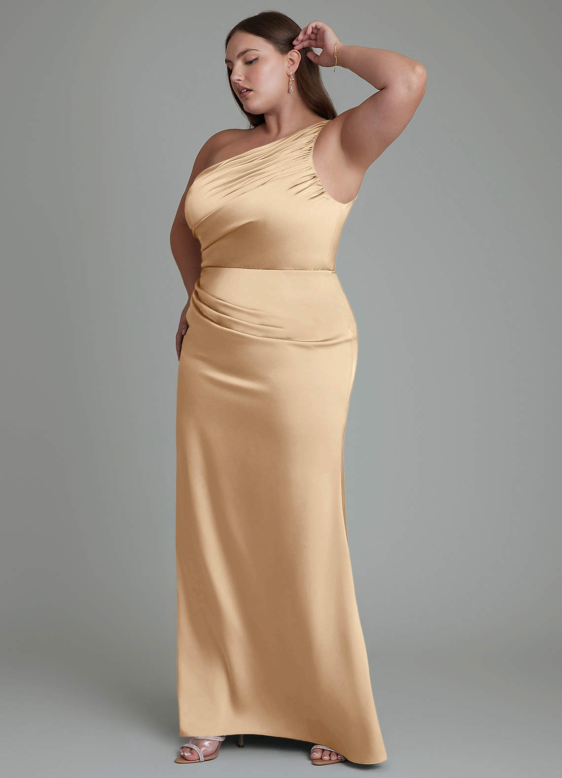 Azazie Akilah Bridesmaid Dresses Champagne Mermaid One Shoulder Stretch Satin Dress image11