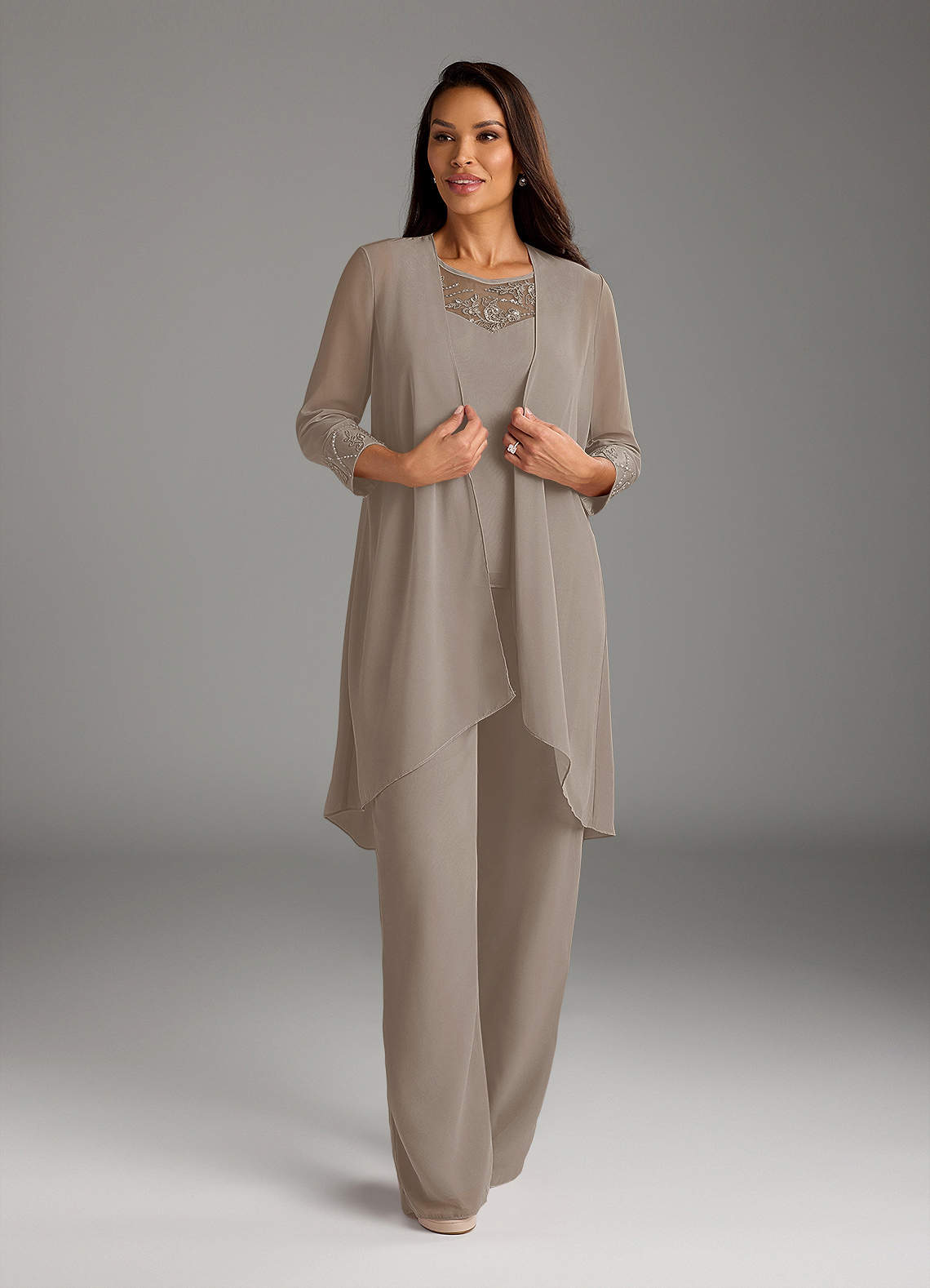 Azazie Maura Mother of the Bride Dresses Taupe Jumpsuit/Pantsuit Sequins Chiffon Dress image1