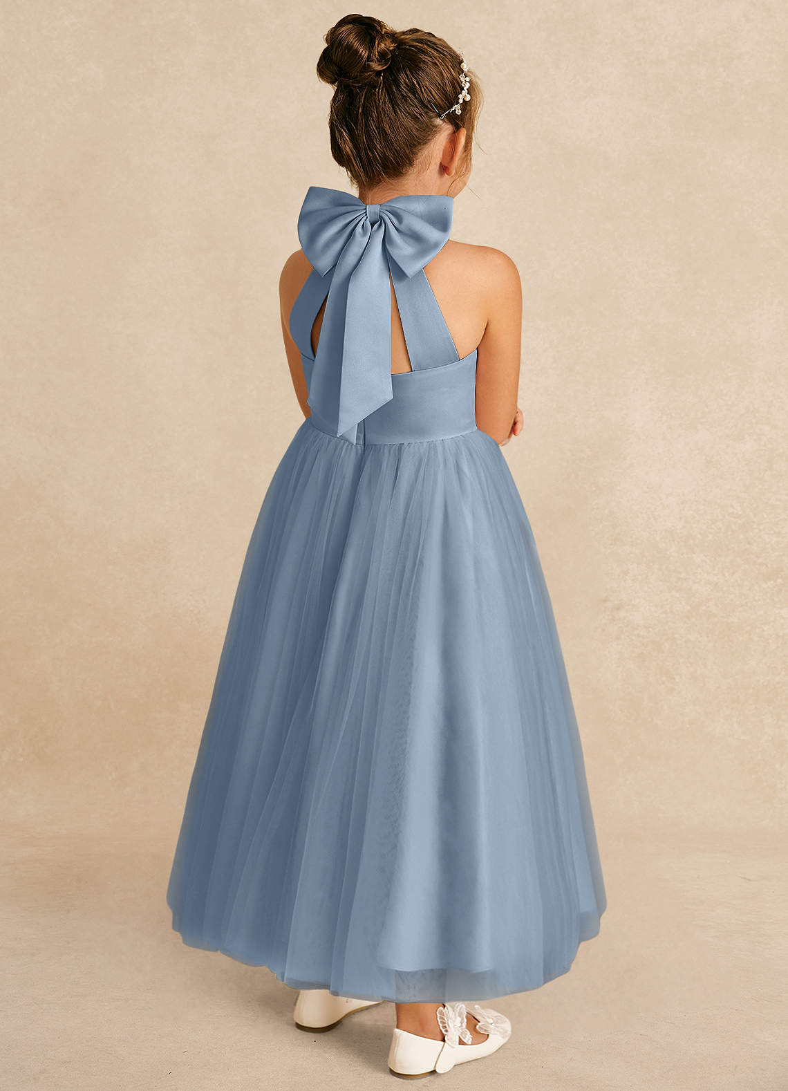Azazie Bev Flower Girl Dresses Dusty Blue A-Line Convertible Tulle Dress image5