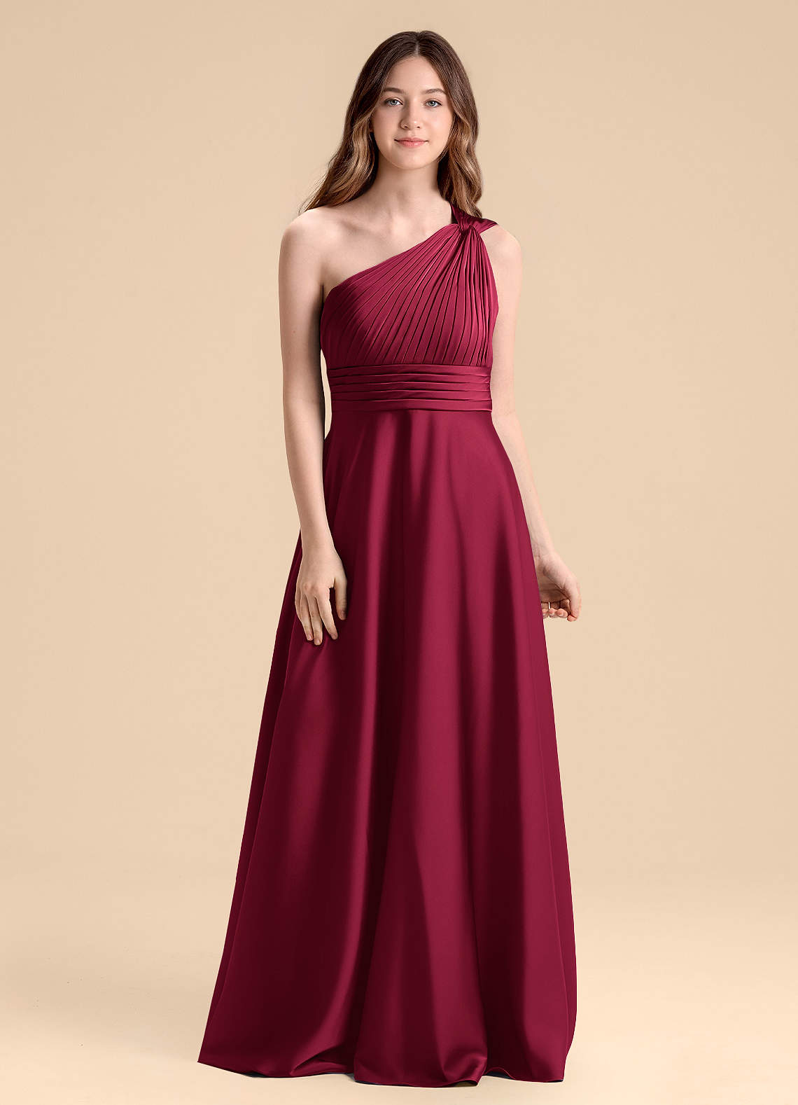 Azazie Charlize Junior Burgundy A-Line Pleated Stretch Satin Dress image1