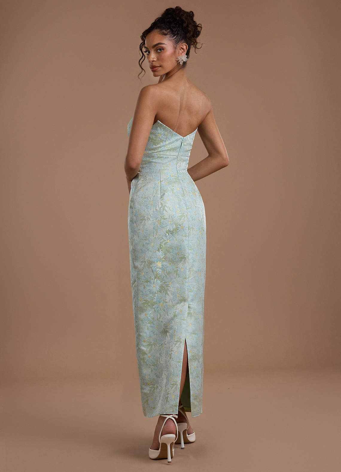 Azazie Plus Size Strapless V Neck Column Maxi Wedding Guest Formal Dresses in Blue Sage