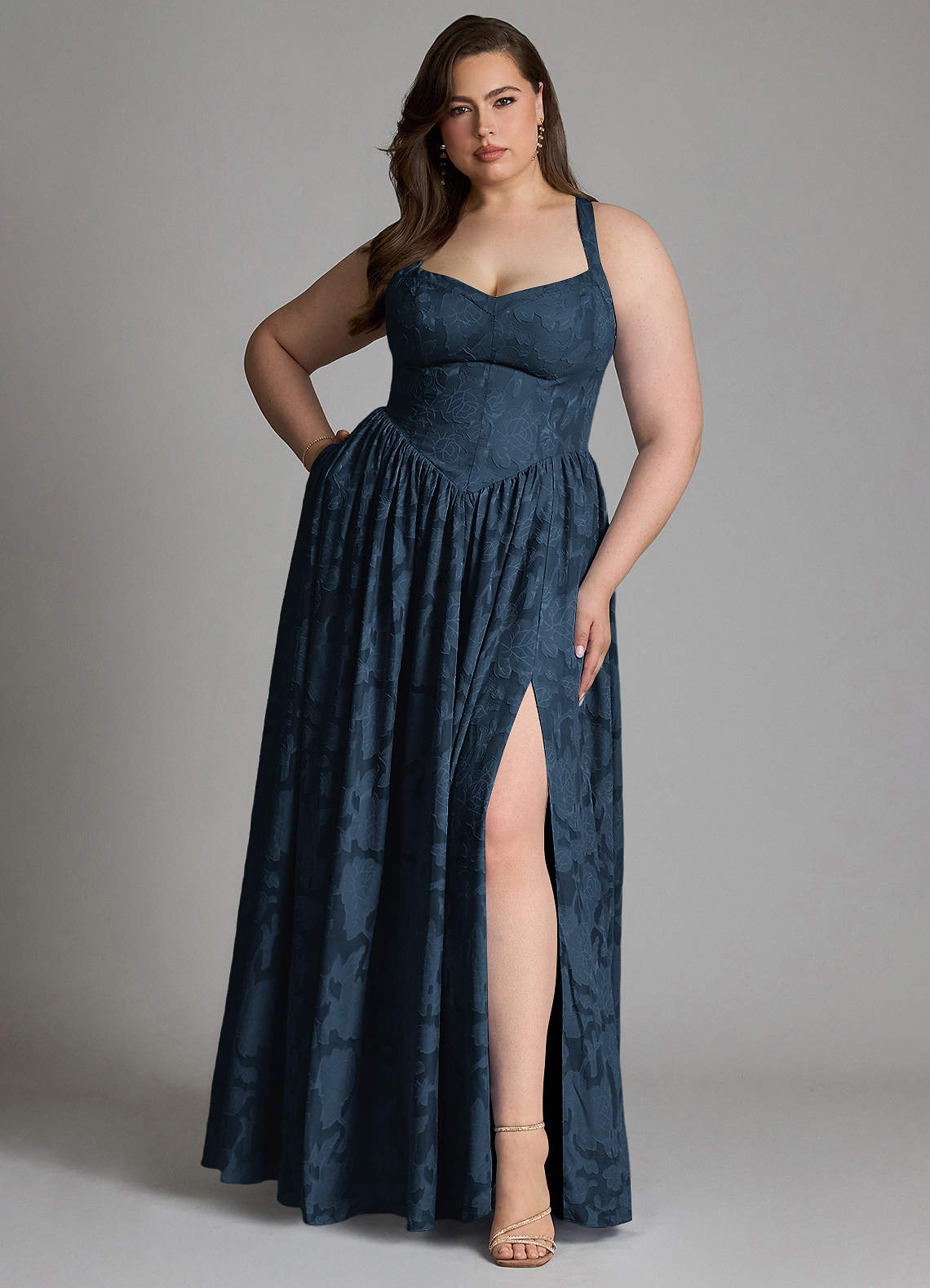 Azazie Francis At-home Try On Dresses Dark Navy A-Line Corset Floral Burnout Dress image8