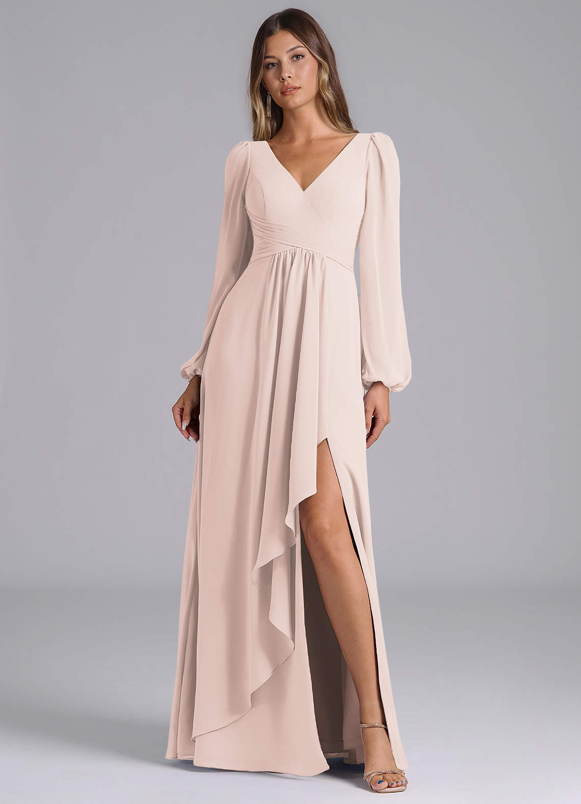 Azazie Omari Bridesmaid Dresses Rose Petal A-Line Long Sleeve Chiffon Dress image1