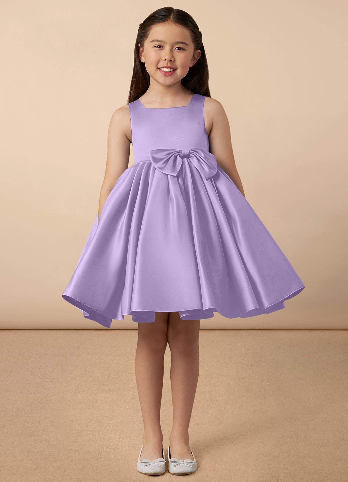 Azazie Bo Peep Flower Girl Dresses Lilac A-Line Bow Matte Satin Dress image1