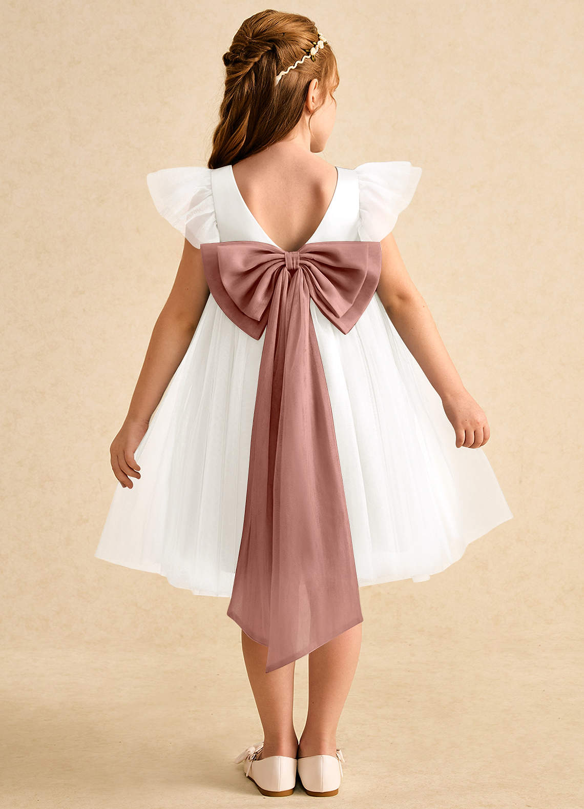 Azazie Munchkin Abiti da Ragazza di Fiori Abito A-Line in Tulle Fiocco Avorio Cedro Rosa image1