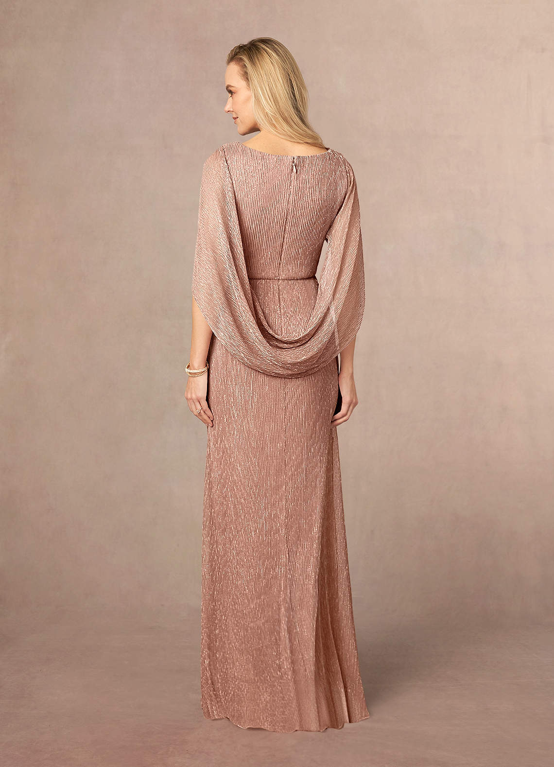 Azazie Paige Mother of the Bride Dresses Rose Gold Sheath Pleated Cape Metallic Mesh Dress image2