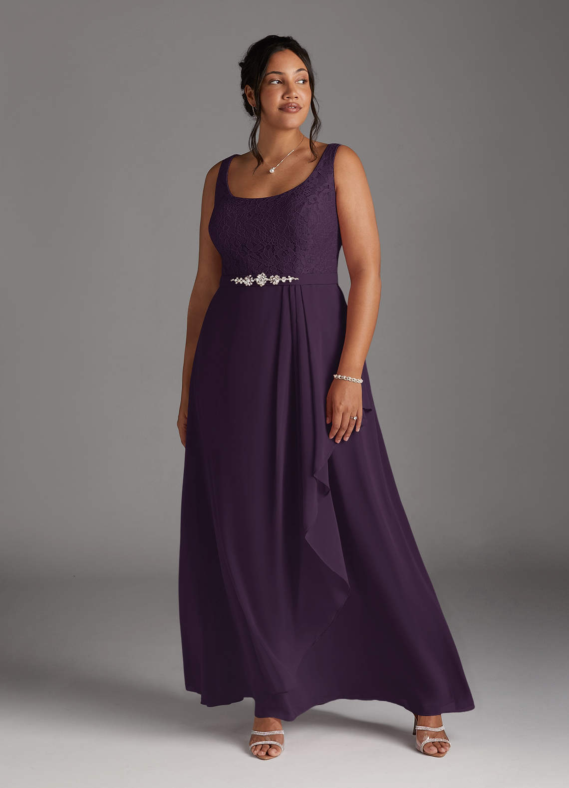 Azazie Ainsling Mother of the Bride Dresses Plum A-Line Square Neckline Lace Chiffon Dress image14