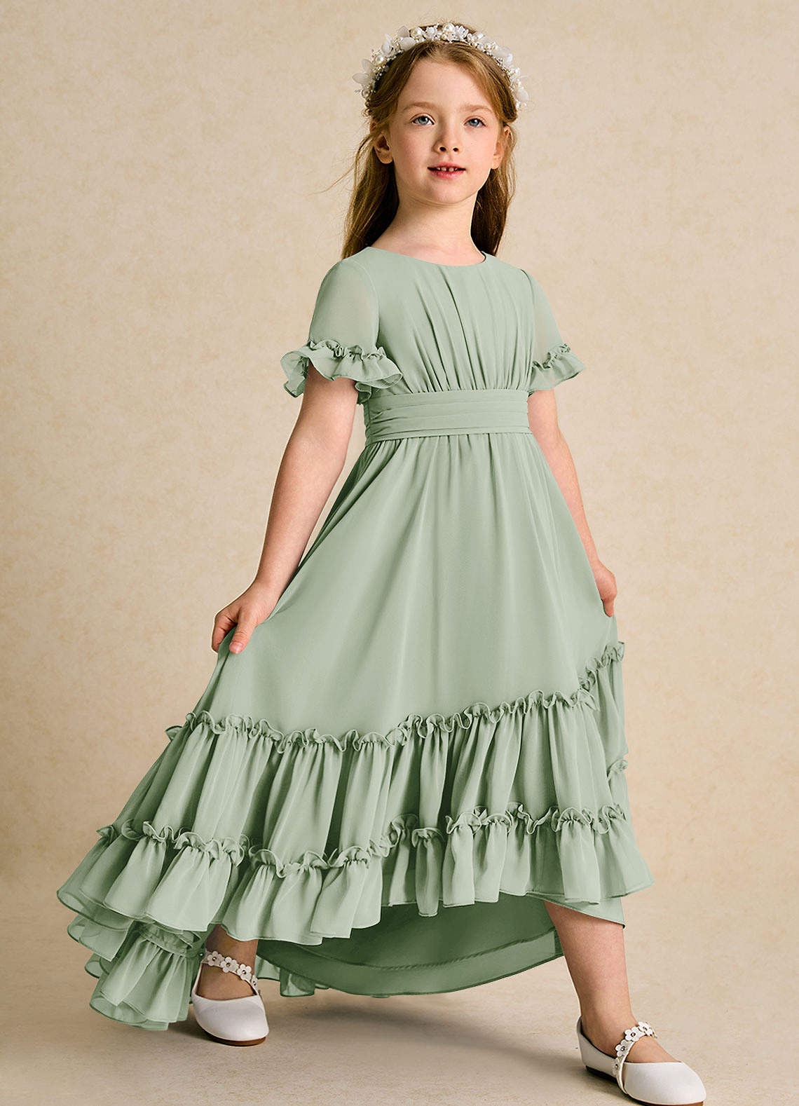 Azazie Kass Flower Girl Dresses Dusty Sage A-Line Pleated Chiffon Dress image1