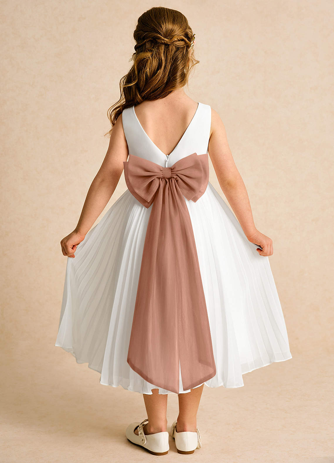 Azazie Margot Abiti da Ragazza di Fiori Abito A-Line in Chiffon Plissettato Avorio Bronzo image1