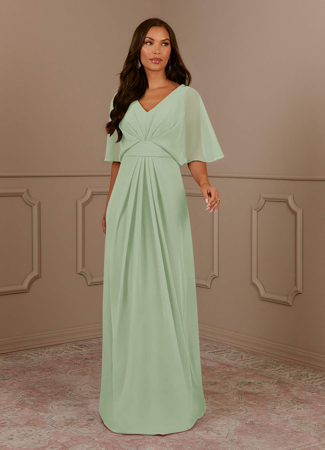 Azazie Oksana Dusty Sage A-Line V-Neck Pleated Chiffon Dress