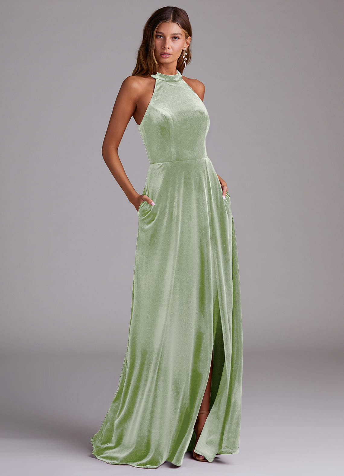 sage green velvet dress Wedtrend Women Dusty Wedding Guest A Line Cold Shoulder Burnout Floor Length Dress with Slit, Dusty Sage / US16 Available in sizes XS3XL and multiple colorways Azazie Larice Dusty Sage Velvet
