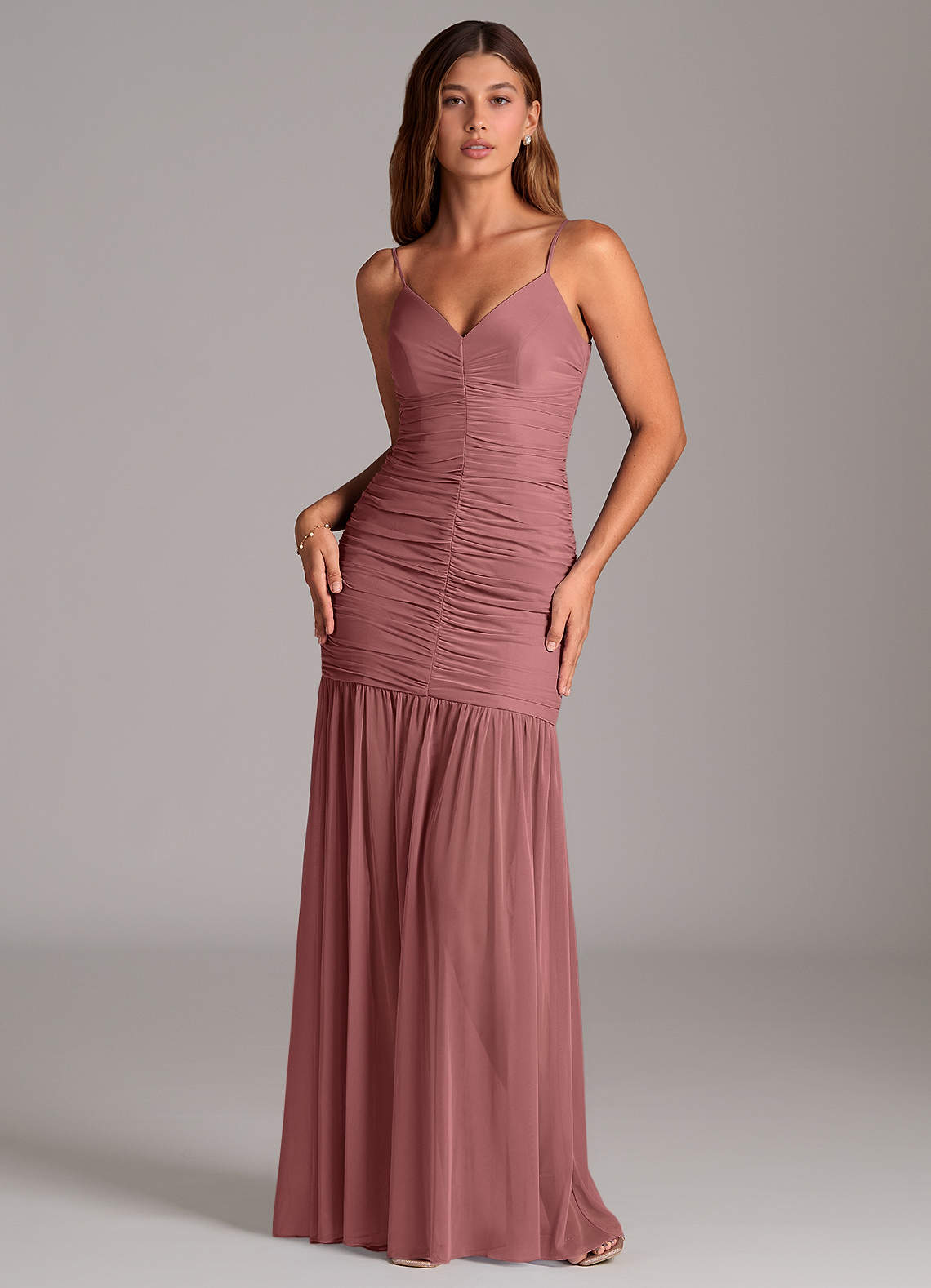 Azazie Aimie Robes de demoiselle d'honneur Robe Sirène en Maille Rose Du Désert image1