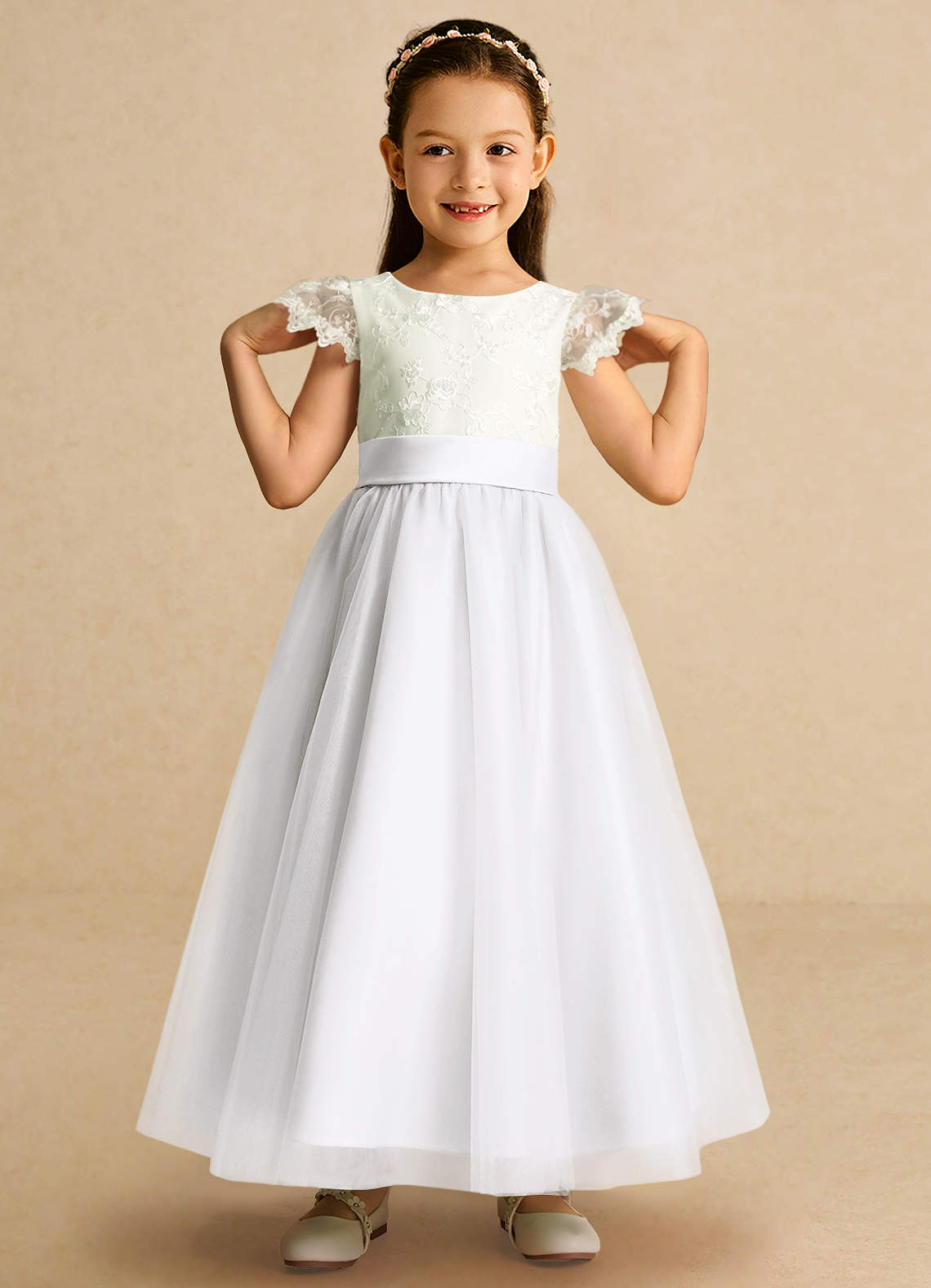 Azazie Pookie Flower Girl Dresses Diamond White A-Line Lace Tulle Dress image2