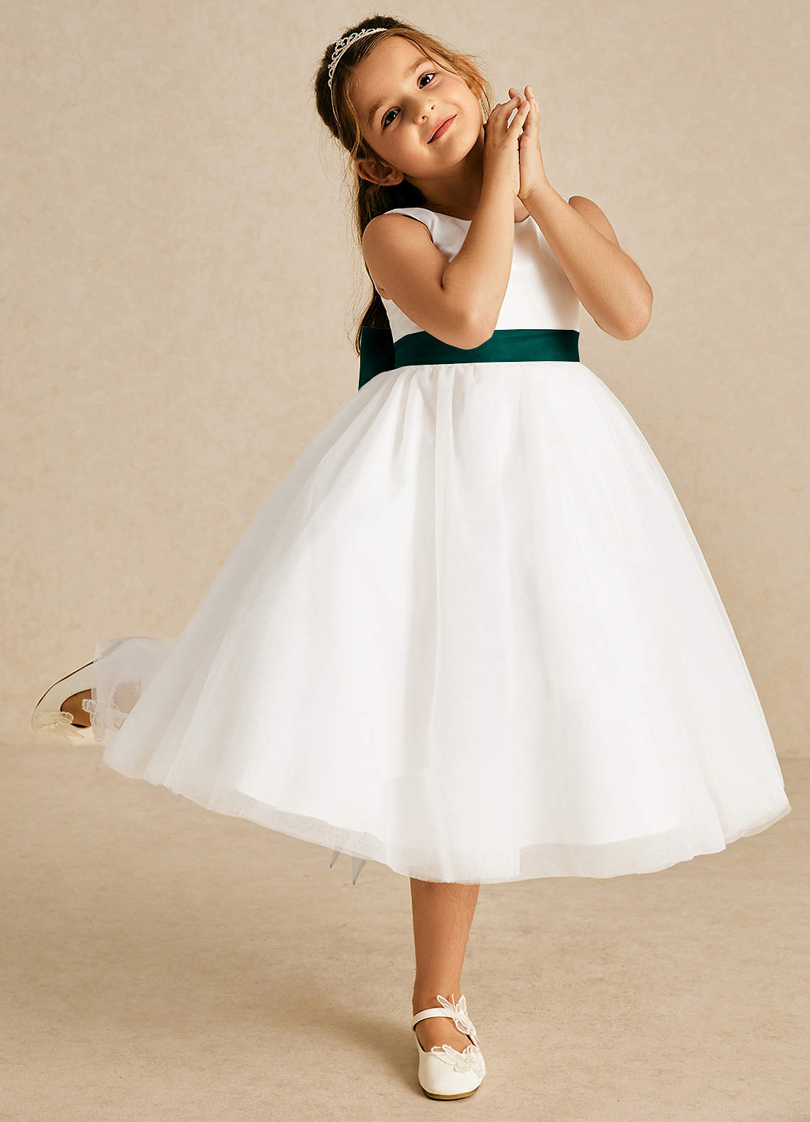 Azazie Kavi Flower Girl Dresses Ivory Pine A-Line Bow Matte Satin Dress image4