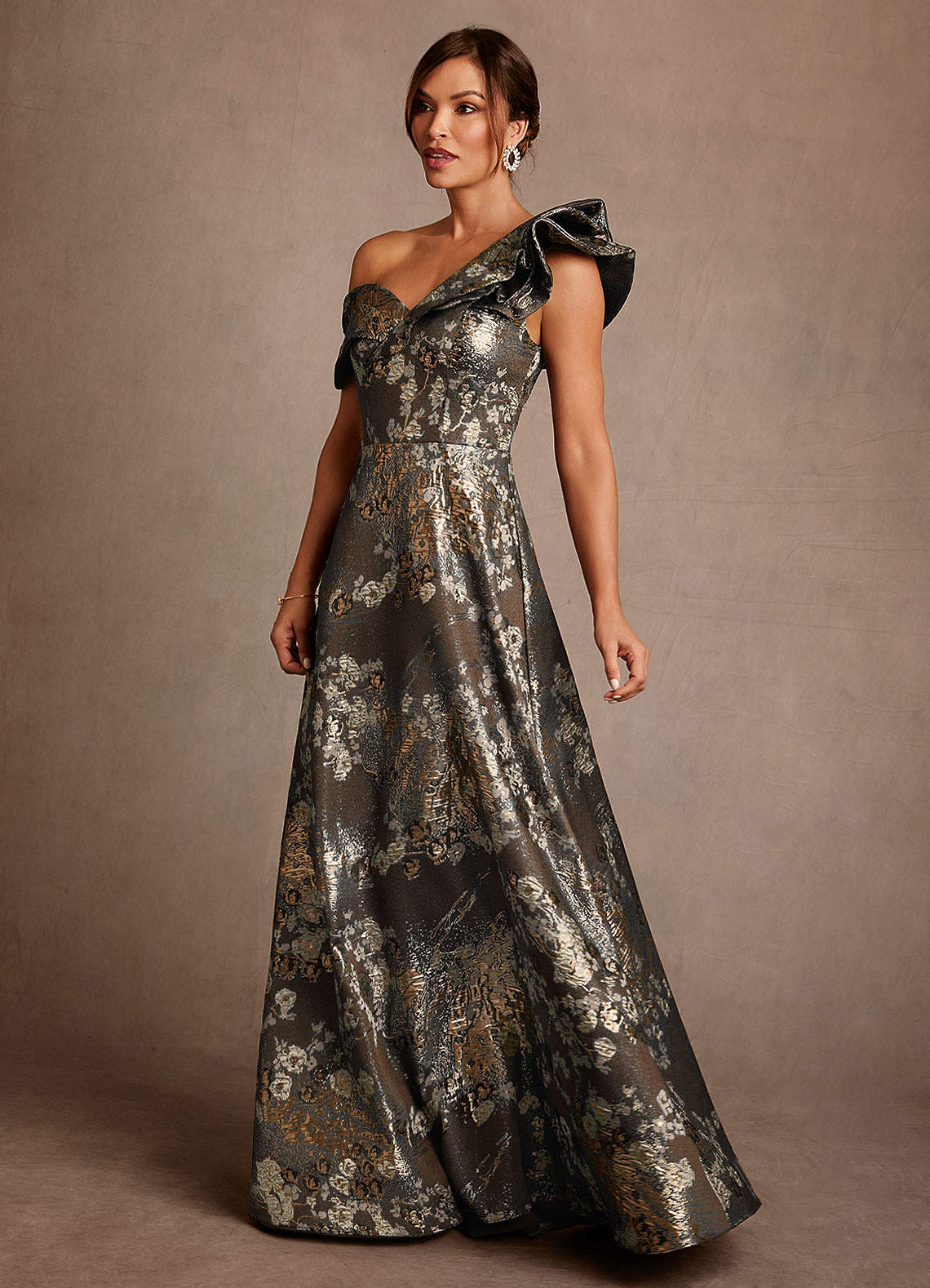 Azazie Des Moines Mocha Coco A-Line One Shoulder Floral Jacquard