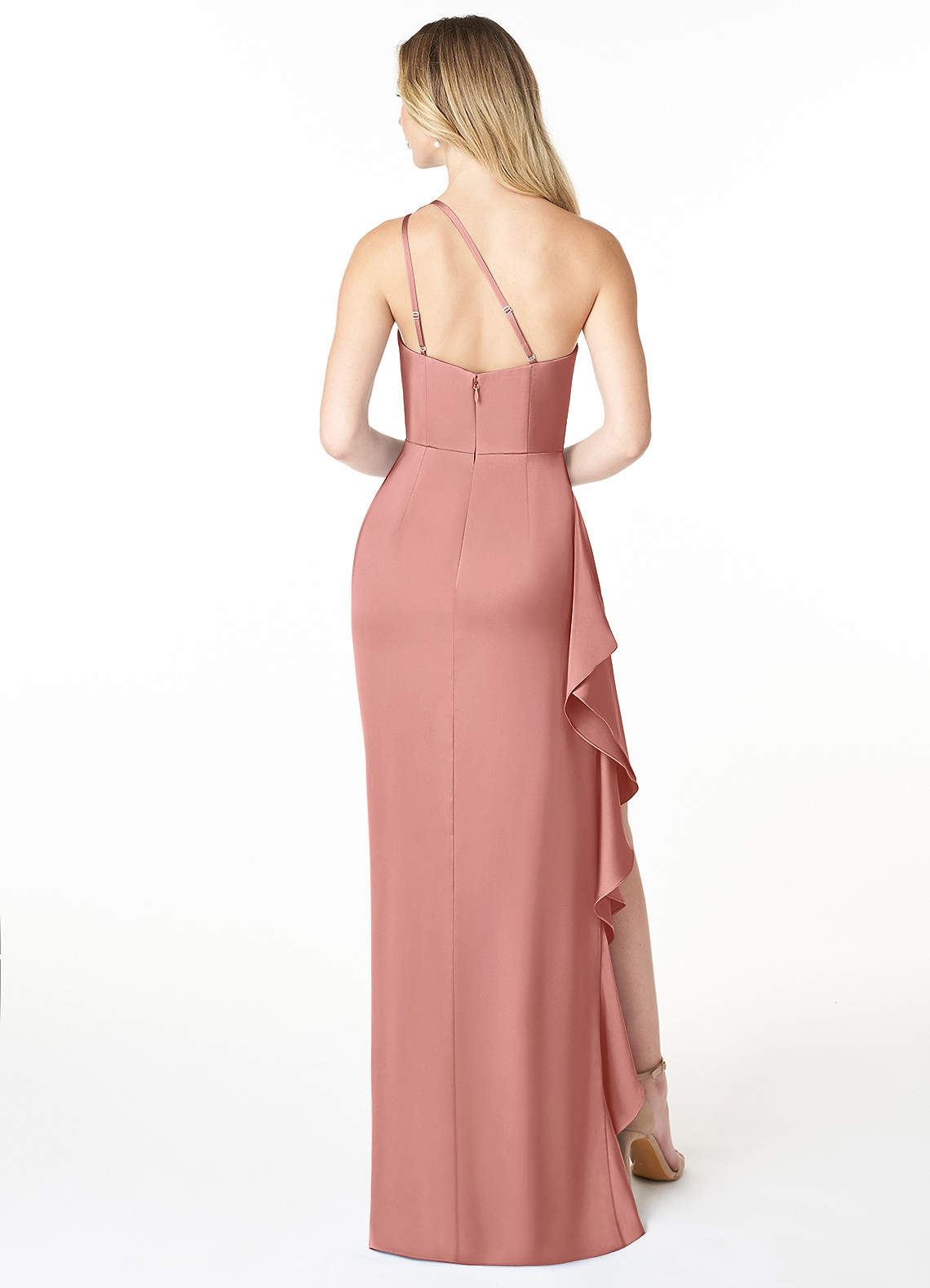 Azazie Latrice Bridesmaid Dresses Rosette Sheath One Shoulder Cascading Ruffles Stretch Satin Dress image4