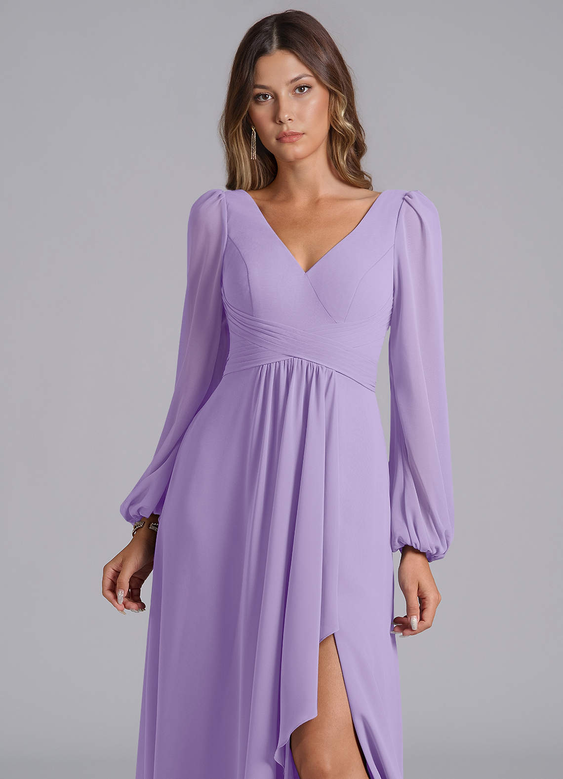 Azazie A-Line V-Neck Long Sleeve Floor-Length Chiffon Bridesmaid Dresses - Lilac