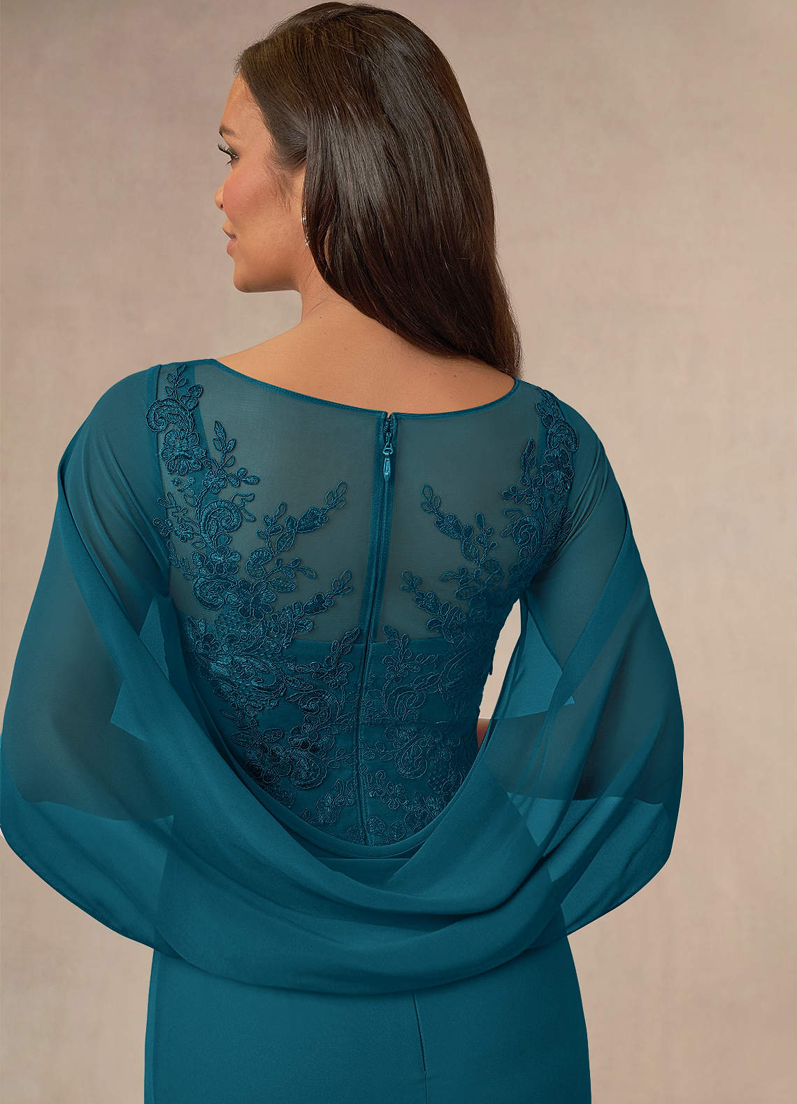 Azazie Hera Ink Blue A-Line Lace Capelet Chiffon Dress | Azazie