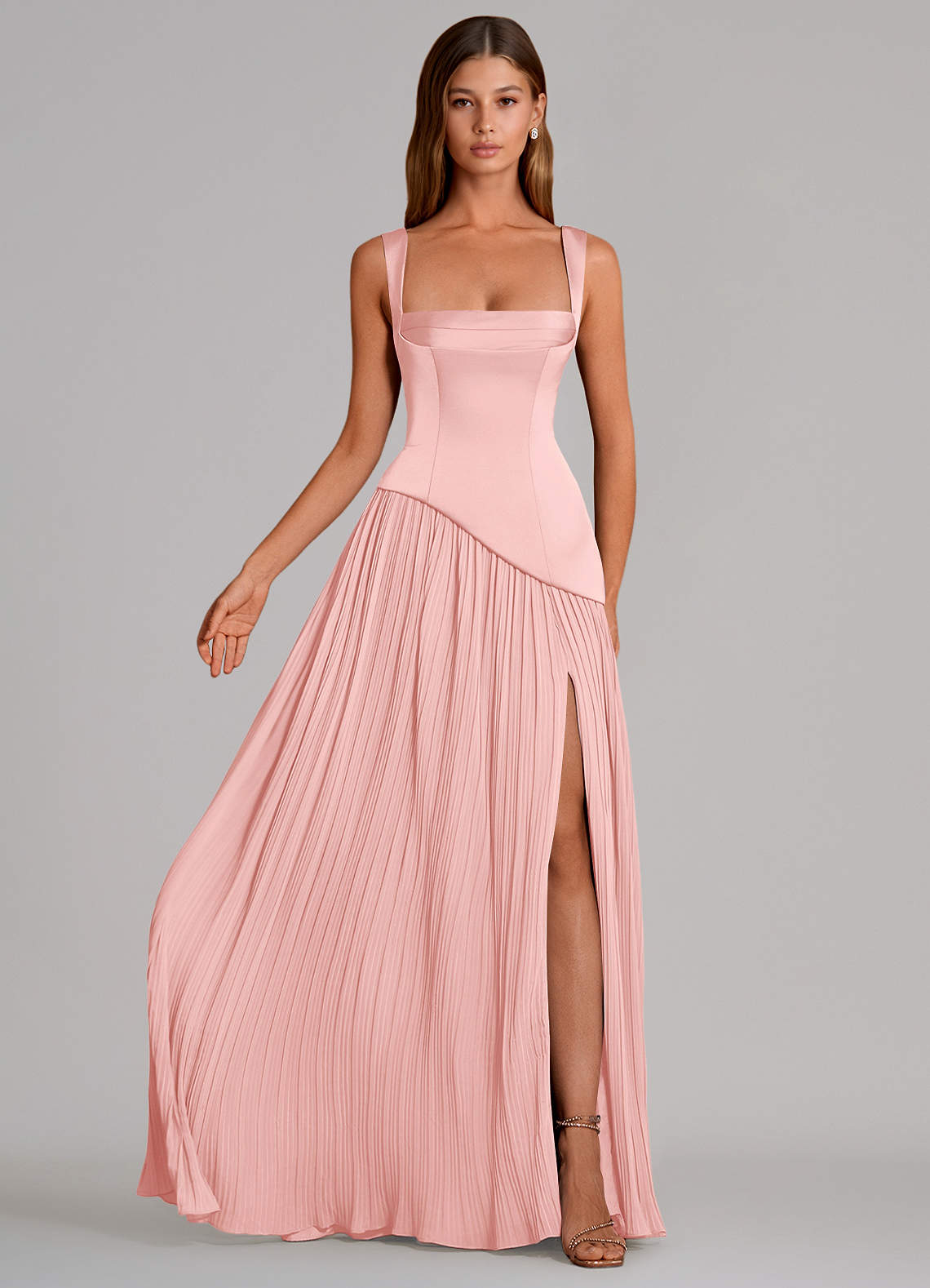 Azazie Stephanie Vestidos de damas de honor Vestido de Rosa Empolvado de Satén Elástico de Corte en A con Plisado image3