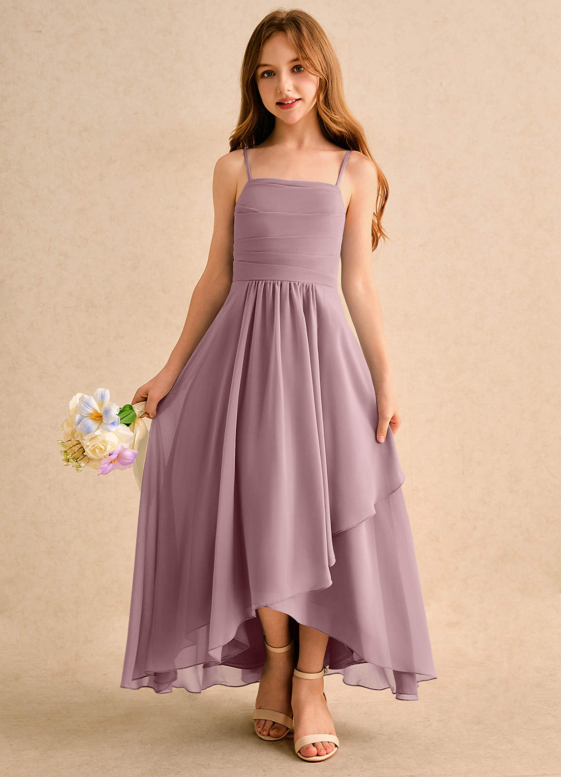Azazie Twilight Dance Girls Formal Vestidos de florista Vestido Rosa Empoeirada de Chiffon de Linha A com Plissado image3