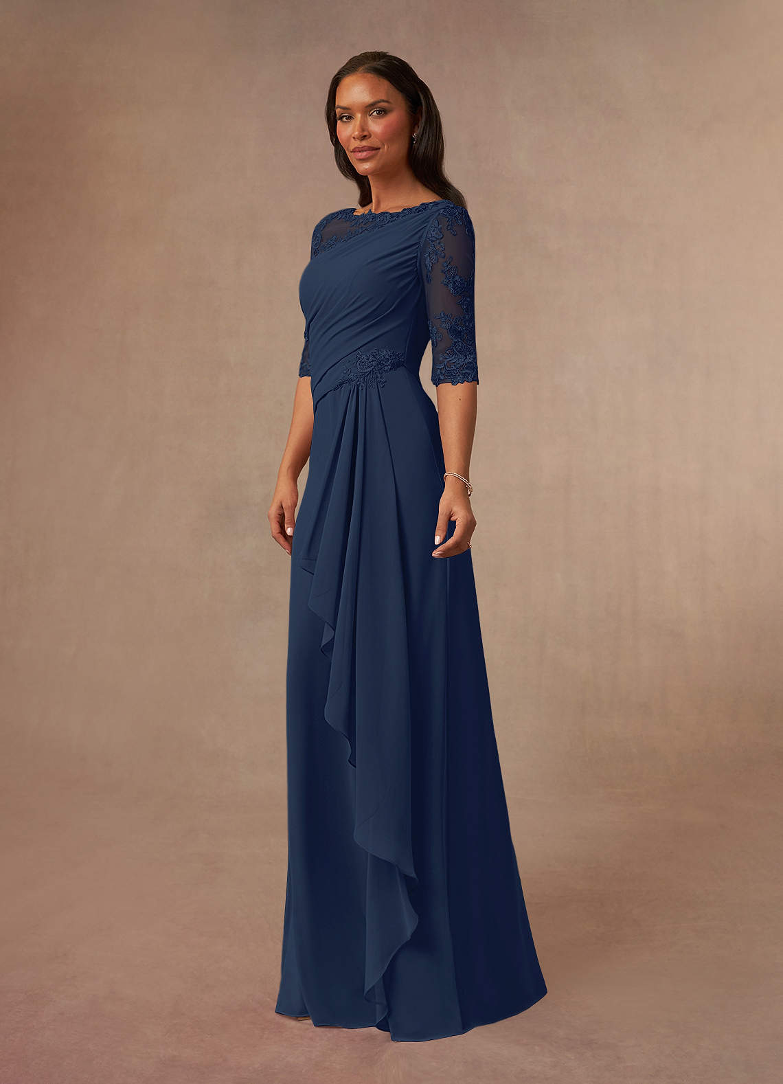 Azazie Dionysus Dark Navy A-Line Boatneck Lace Chiffon Dress Ready