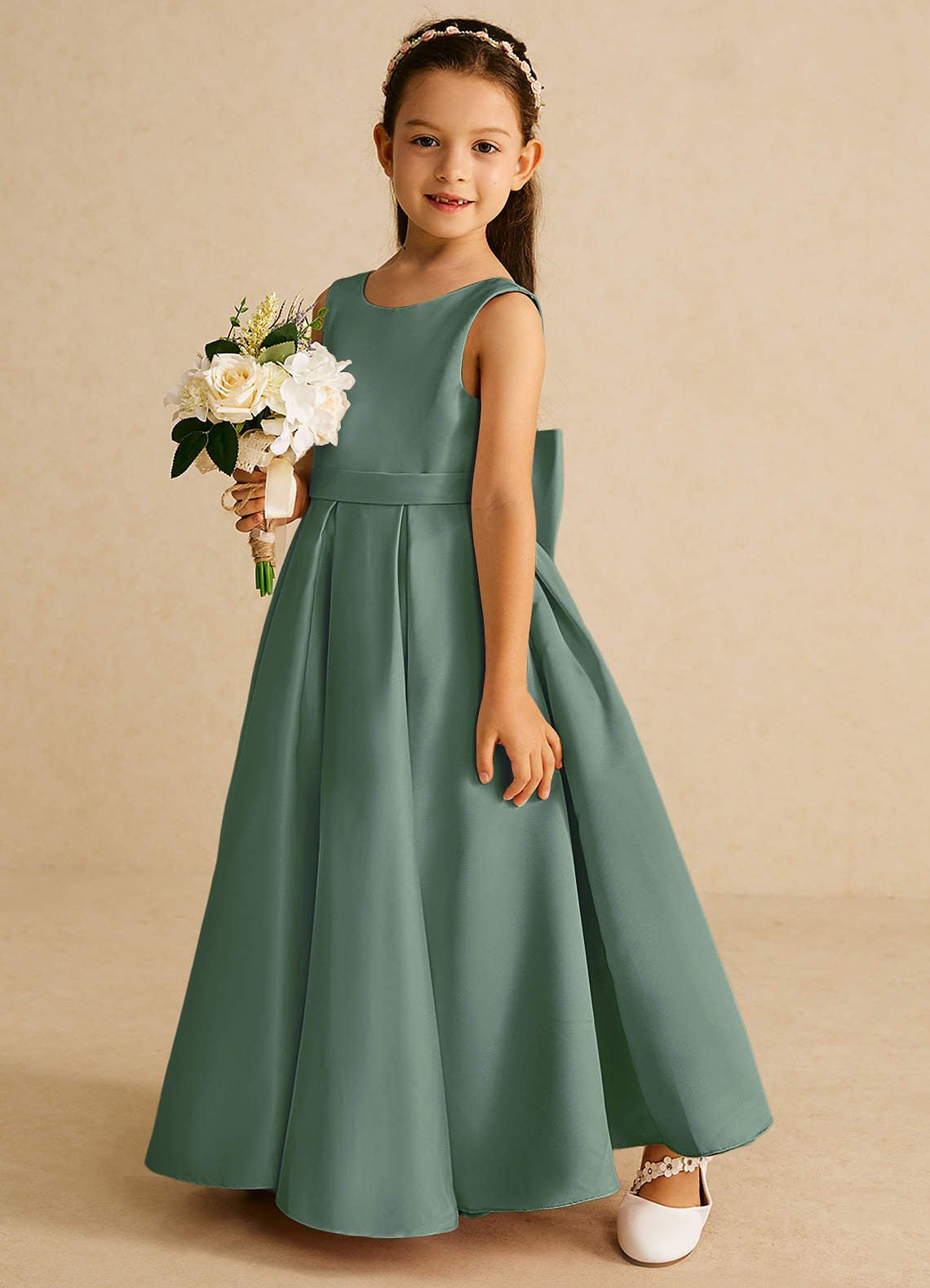 Azazie Pipsy Flower Girl Dresses Eucalyptus A-Line Bow Matte Satin Dress image1