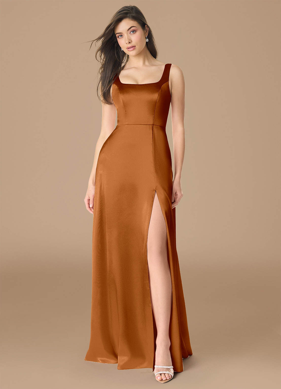 Azazie Joyce Bridesmaid Dresses Copper A-Line Side Slit Metallic Satin Dress image1