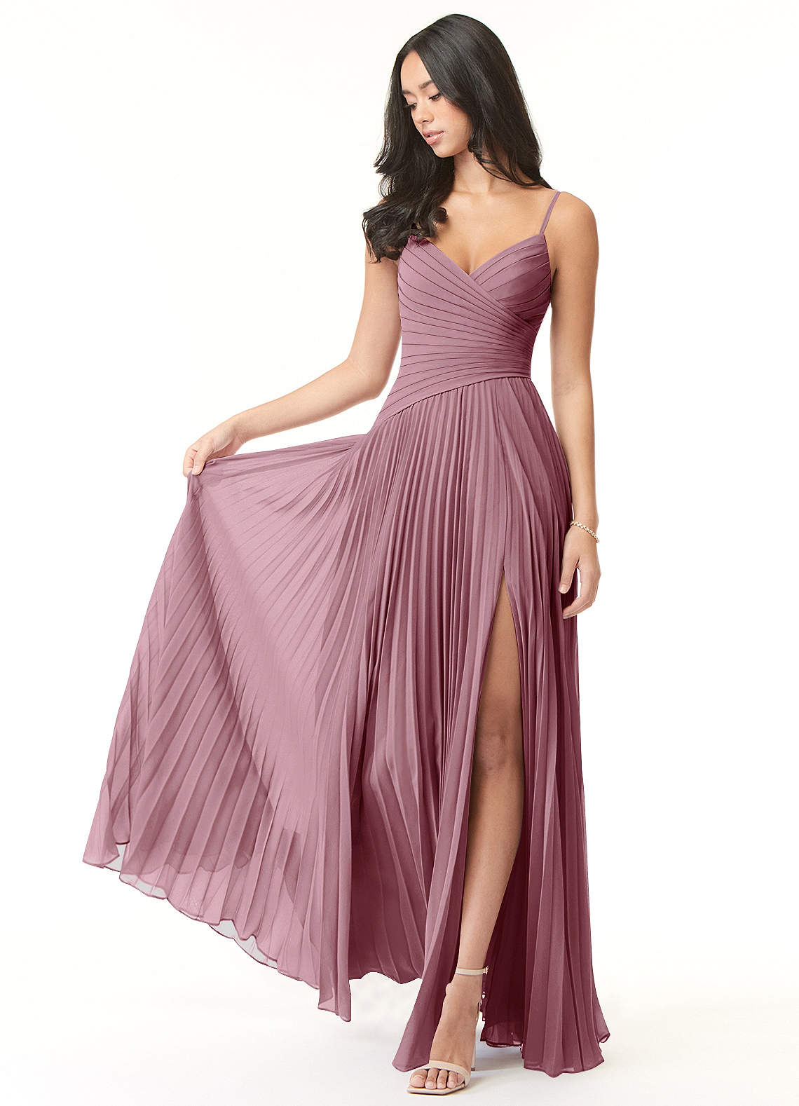 Azazie Vini Bridesmaid Dresses Vintage Mauve A-Line V-Neck Pleated Chiffon Dress image1