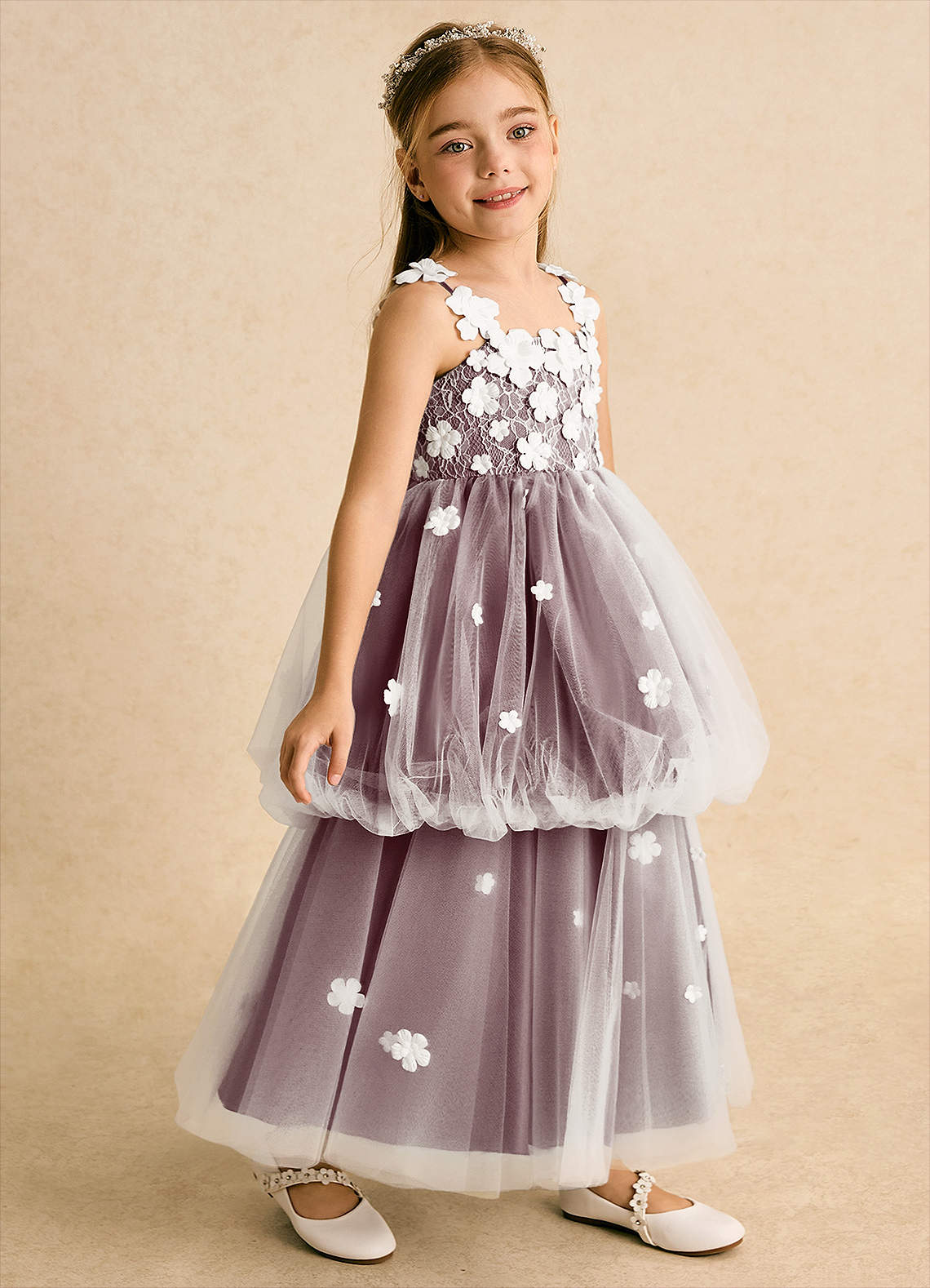 Azazie Teacup Flower Girl Dresses Ivory Cabernet Ball-Gown Lace Tulle Dress image1