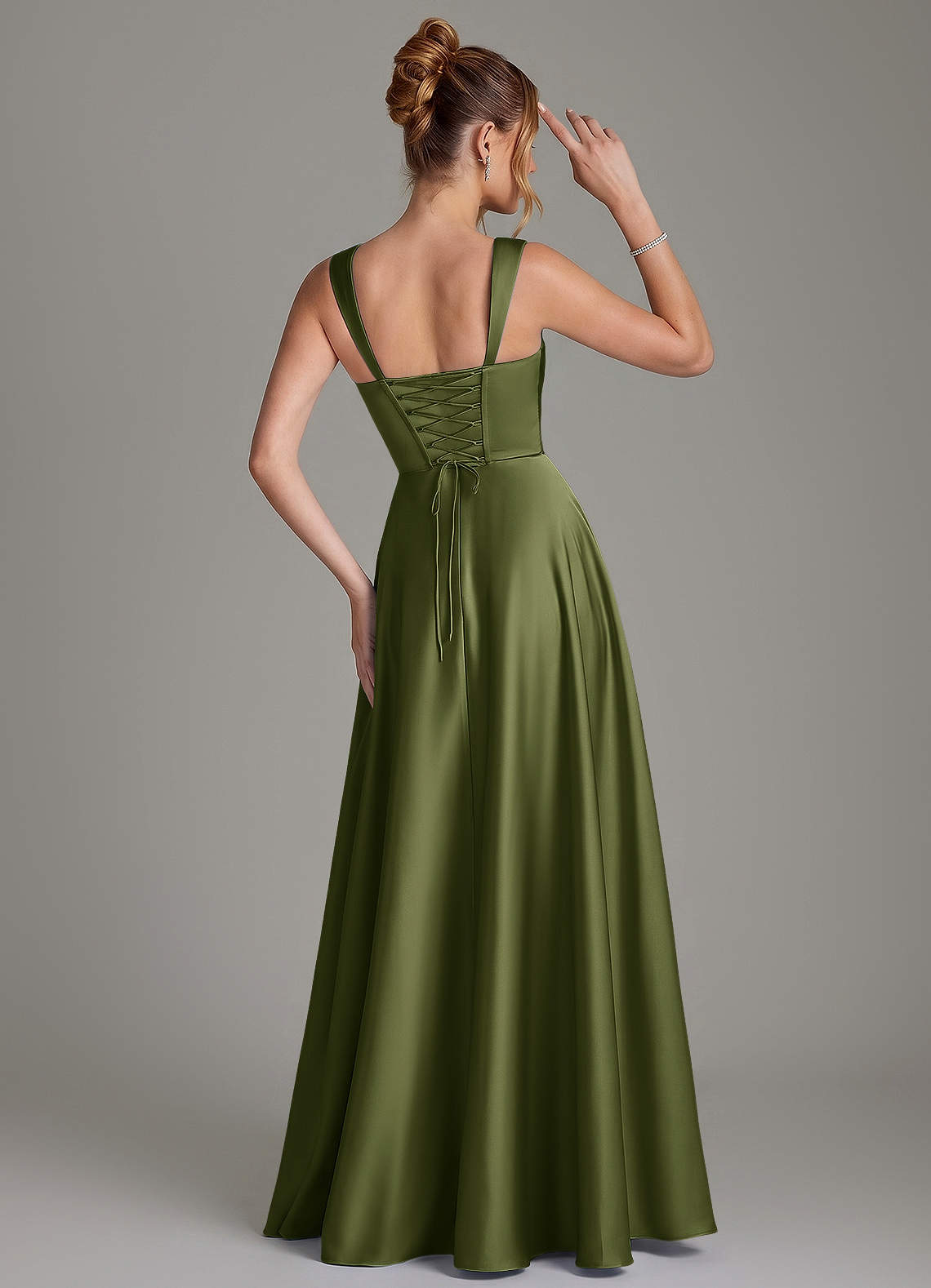 Azazie Azaria Bridesmaid Dresses Olive A-Line Corset Stretch Satin Dress image4