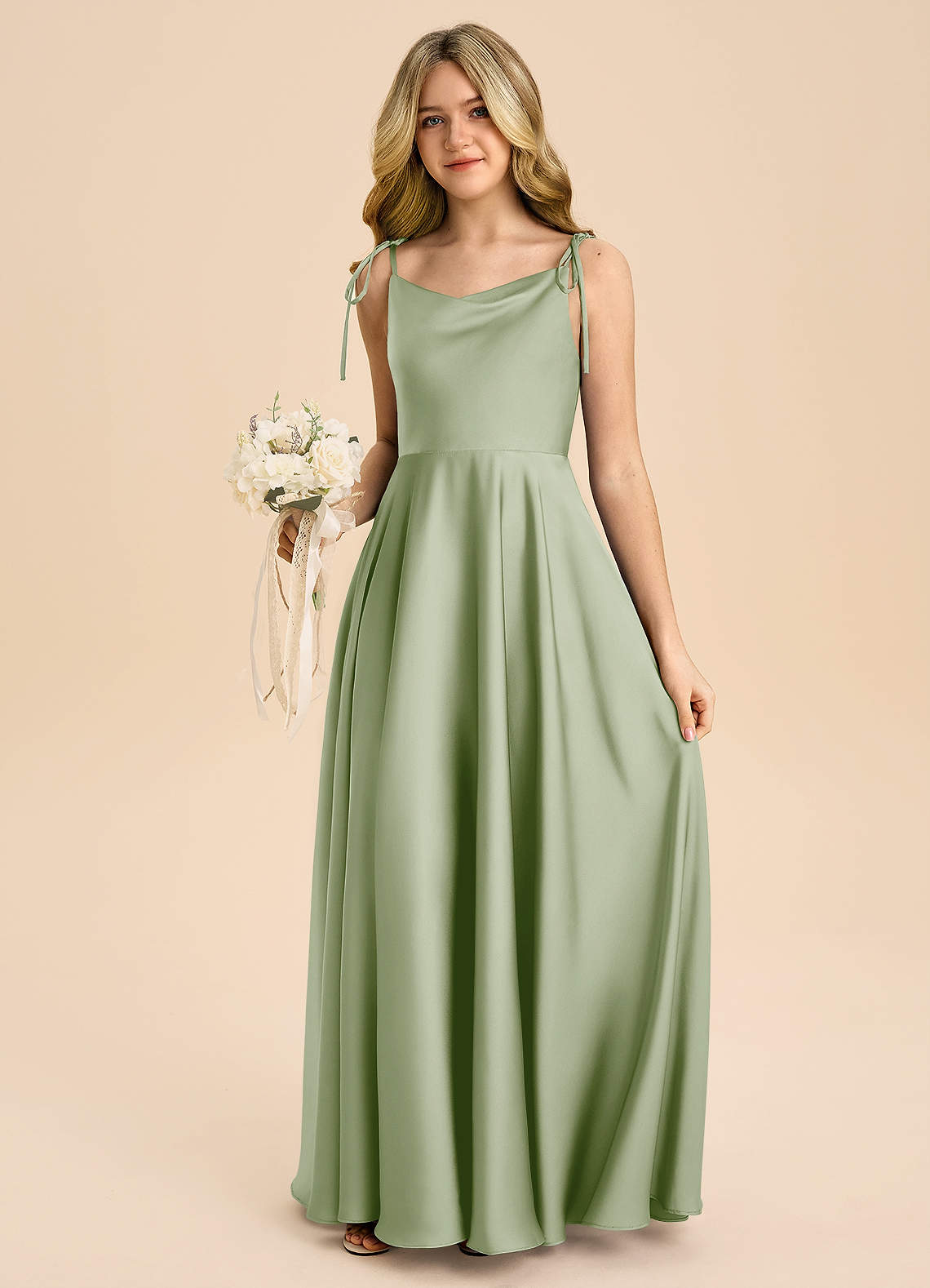 Azazie Popsy Junior Linia A Ukłon Satyna elastyczna Długość podłogi Młodsza druhna Sukienka image4