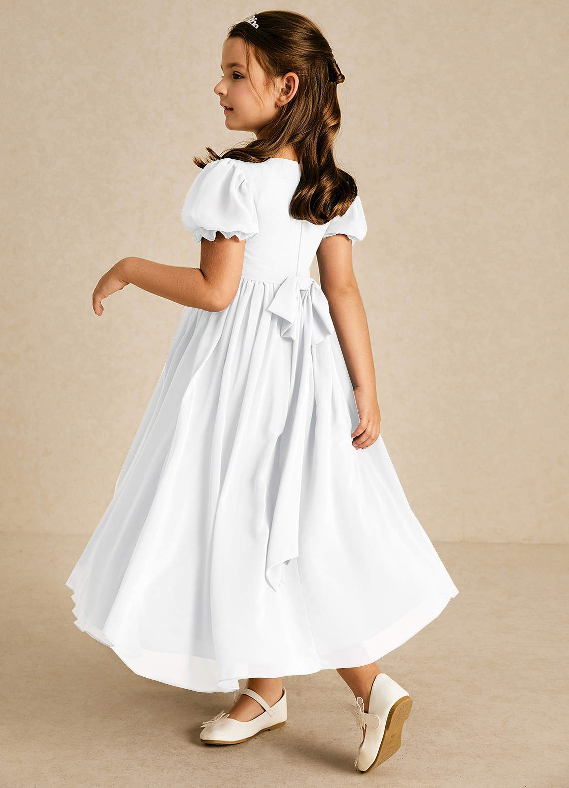 Azazie Joss Flower Girl Dresses White A-Line with Sleeves Chiffon Dress image1