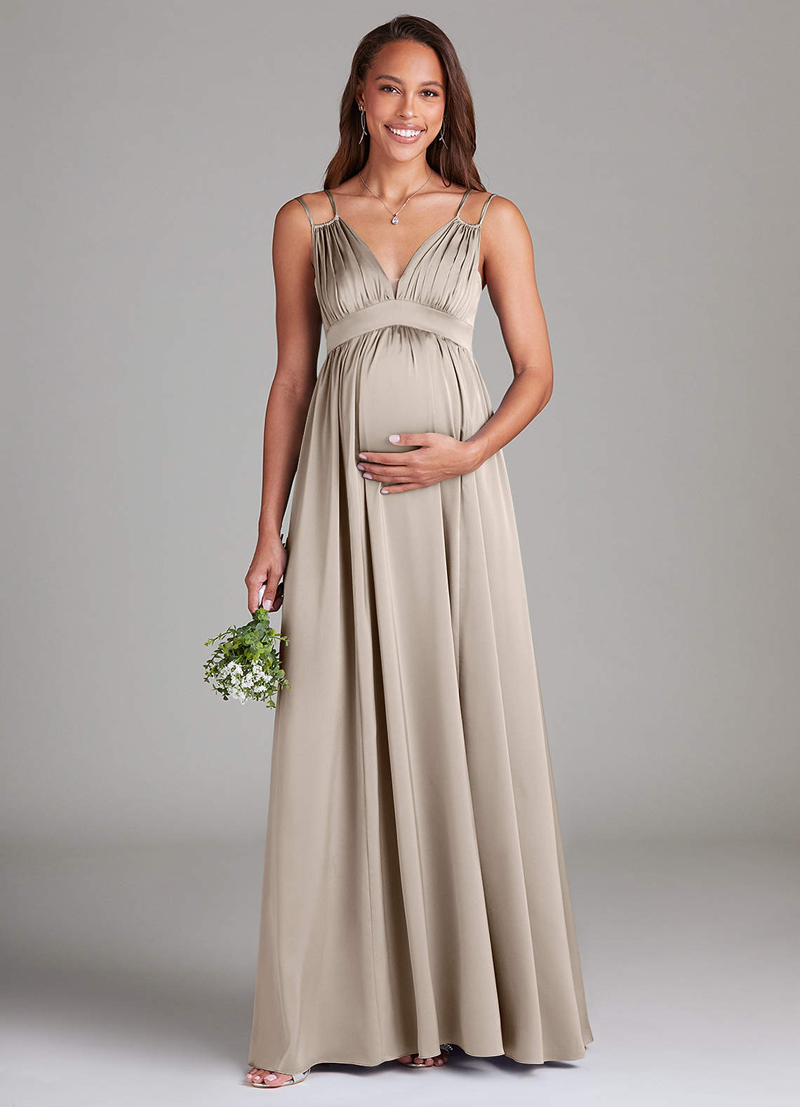 Azazie Emree Maternity Bridesmaid Dresses A-Line Stretch Satin Floor-Length Dress with Pockets image1