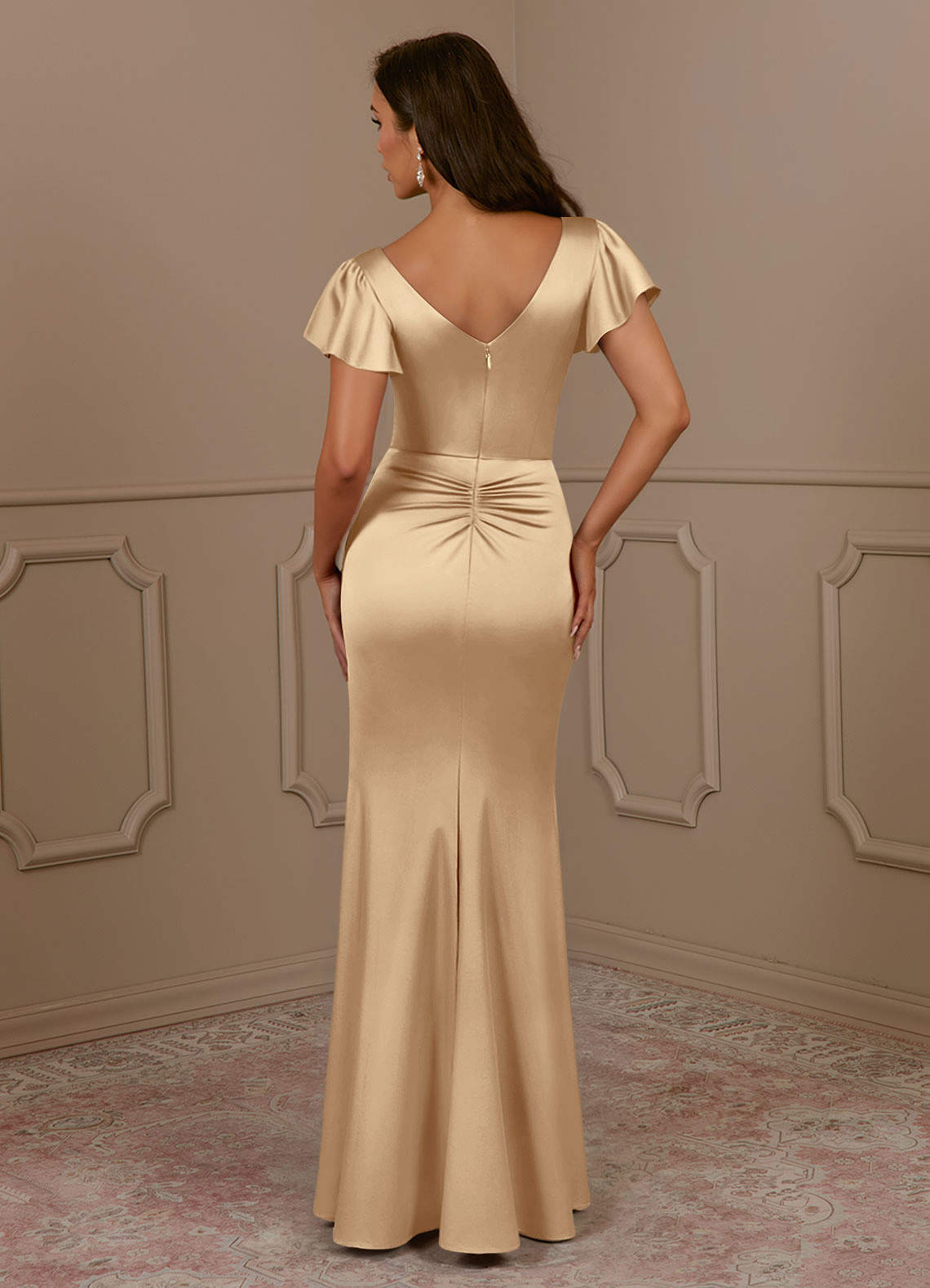 Azazie Roya Mother of the Bride Dresses Champagne Mermaid V-Neck Pleated Stretch Satin Dress image3