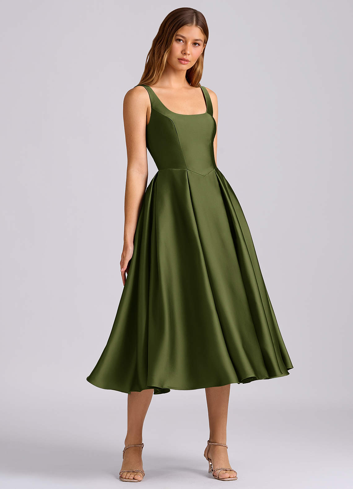 Azazie Amalie Olive Stretch Satin Bridesmaid Dresses | Azazie