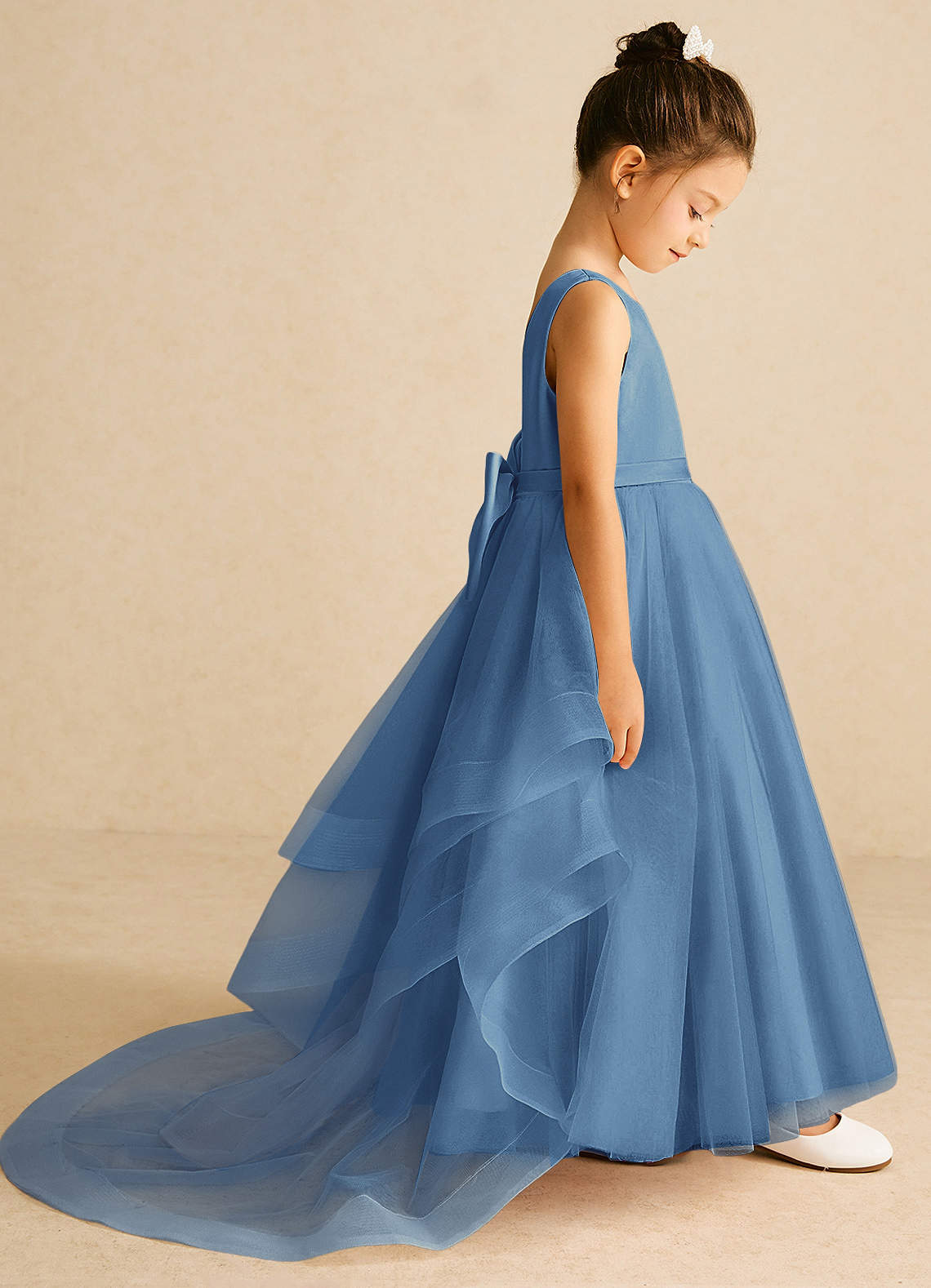 Azazie Pumpkin Flower Girl Dresses Steel Blue A-Line Bow Tulle Dress image2