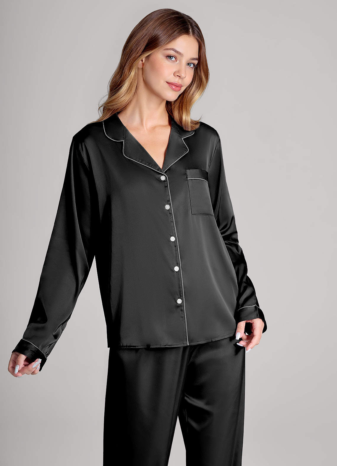 front Matching Color Long Sleeves and Pants Satin PJ Set