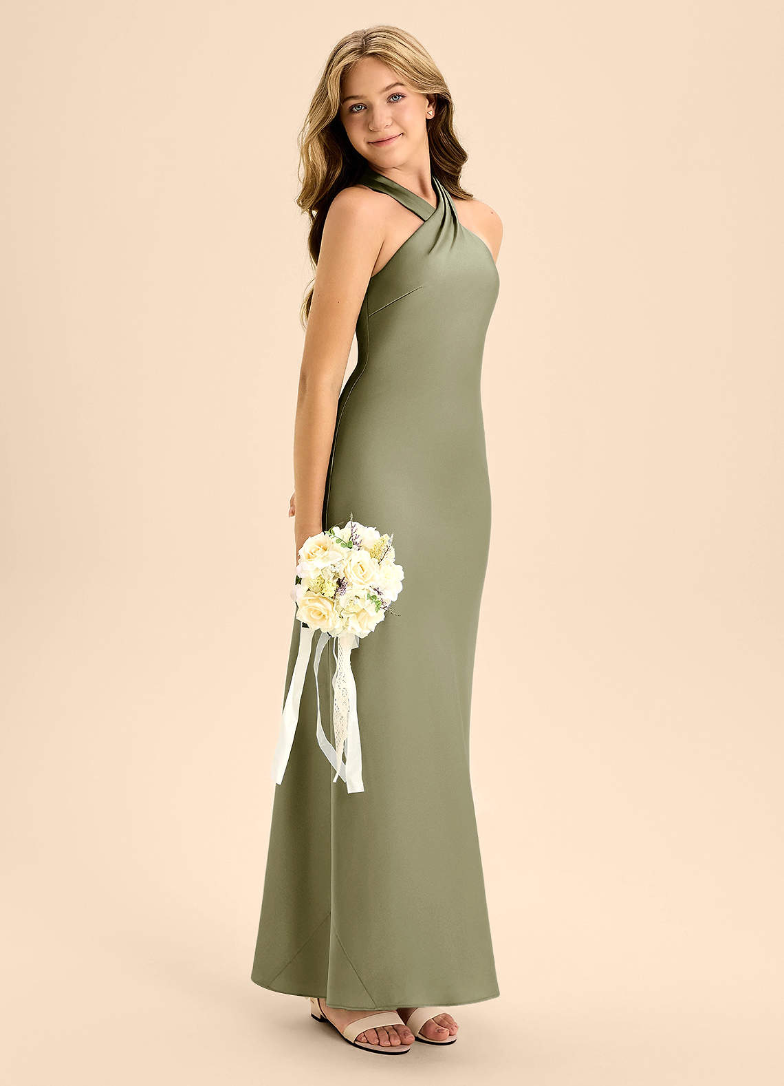 Azazie Doretta Junior Pistachio A-Line Pleated Stretch Satin Dress image6