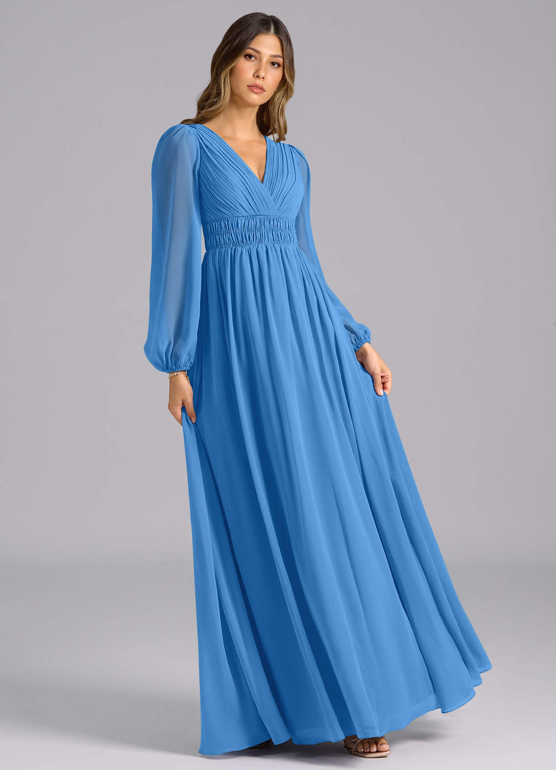 Azazie Palerma Bridesmaid Dresses Blue Jay A-Line Long Sleeve Chiffon Dress image3