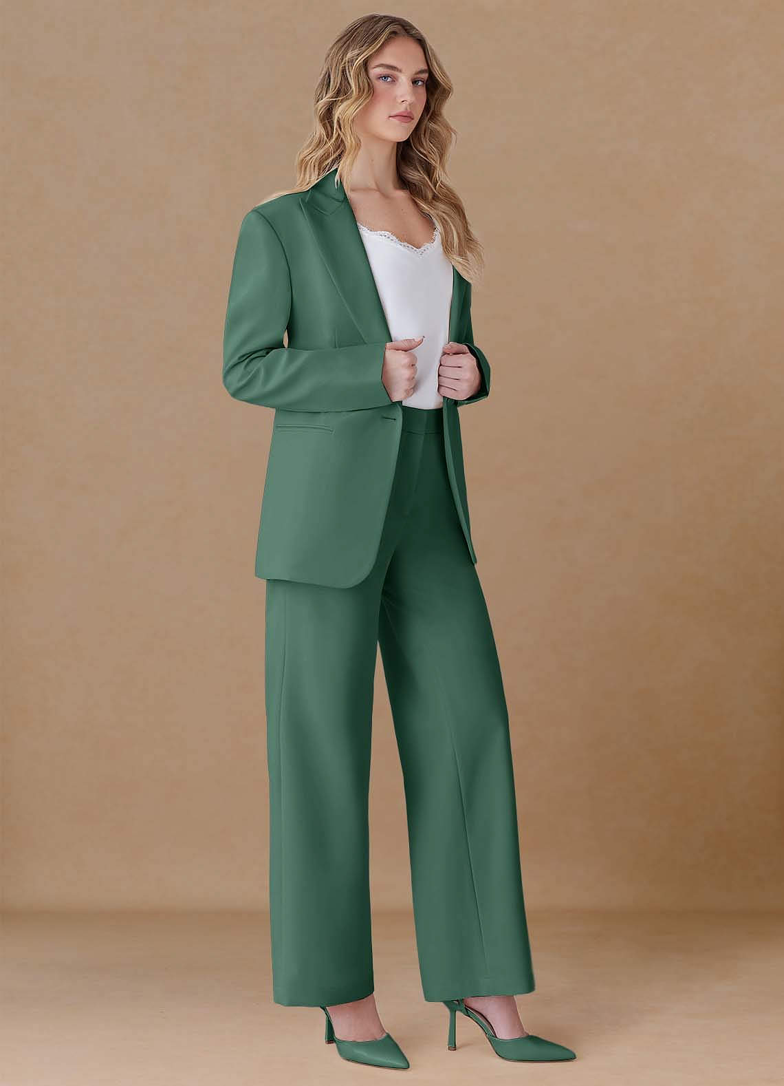 front Amelia Eucalyptus Refined Weave Performance Oversized 2-Piece Suit