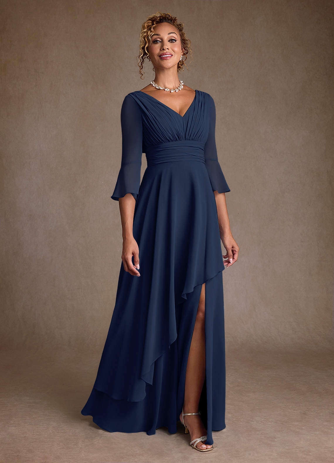 Azazie Eire Dark Navy A-Line Pleated Chiffon Dress | Azazie