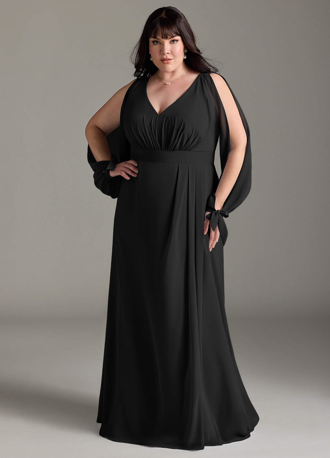 Azazie Matilda Final Sale Black A-Line Long Sleeve Chiffon Dress image1