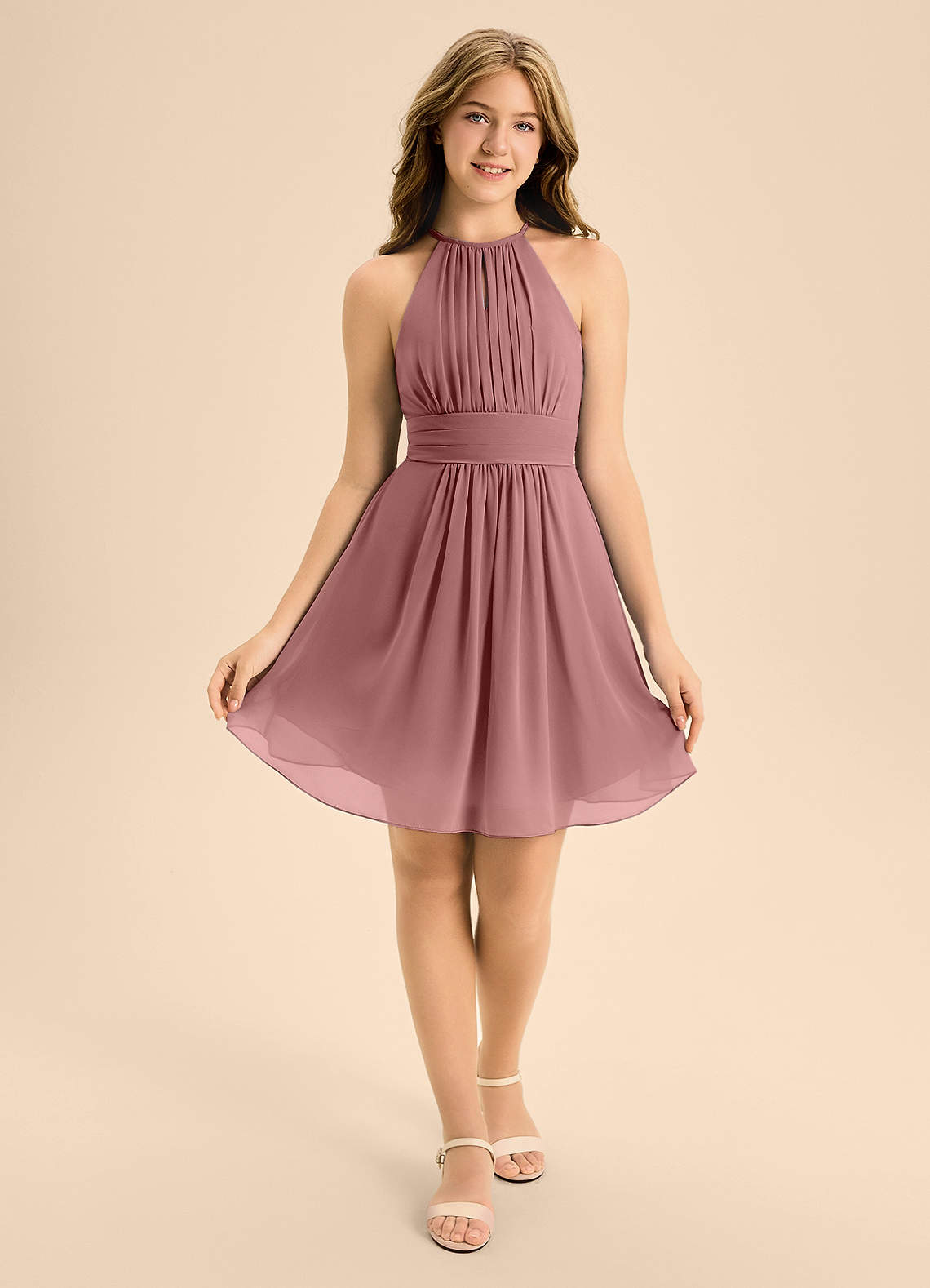 Azazie Bonnie Junior Desert Rose A-Line Pleated Chiffon Dress image1