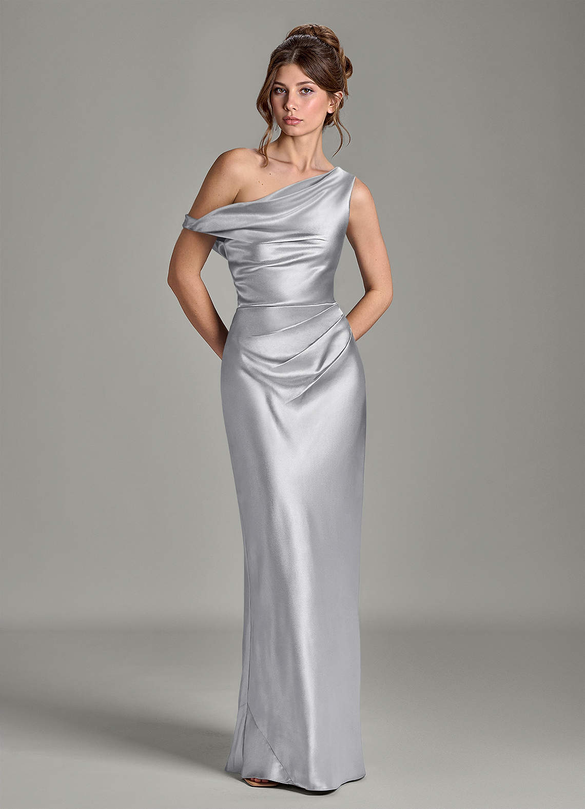 Azazie Emerson Bridesmaid Dresses Silver Mermaid Off the Shoulder Metallic Satin Dress image2